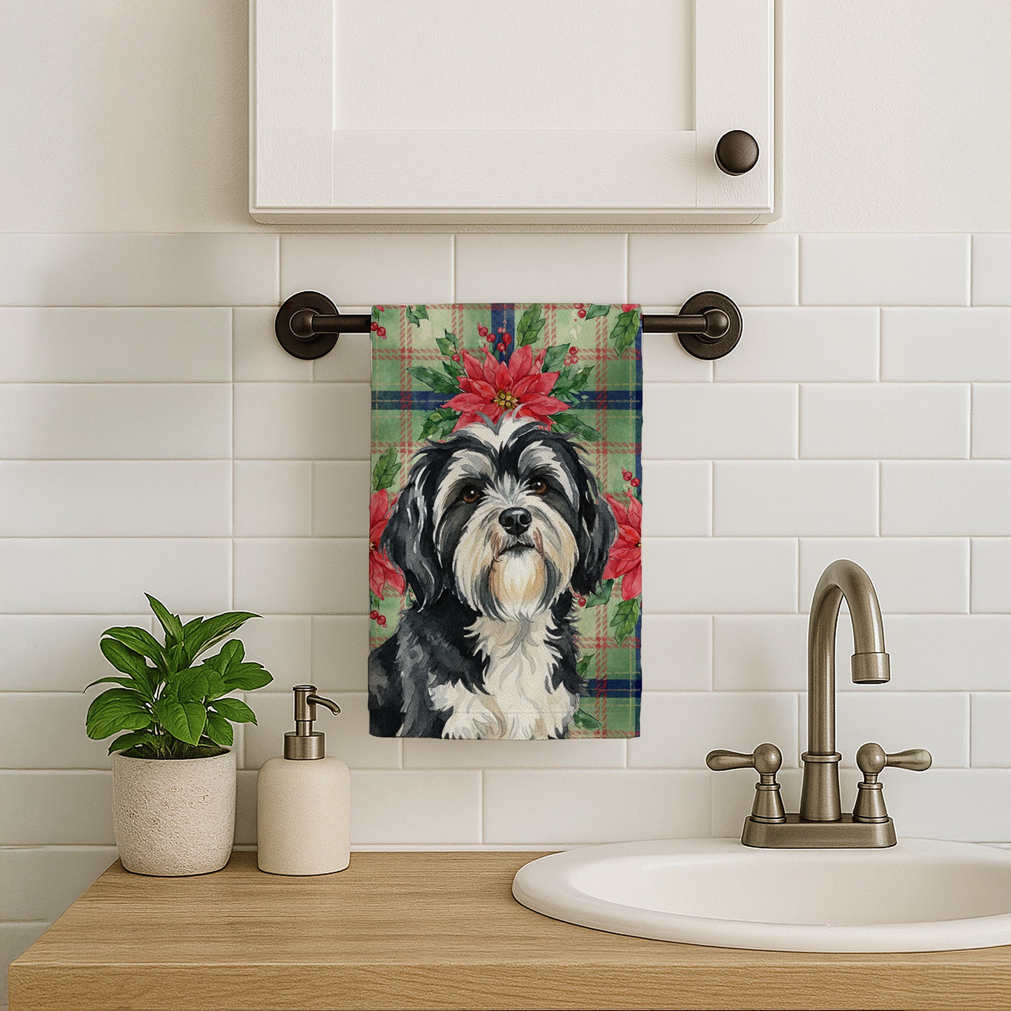 Caroline's Treasures Black and White Tibetan Terrier Christmas PoinsettIas Kitchen Towel