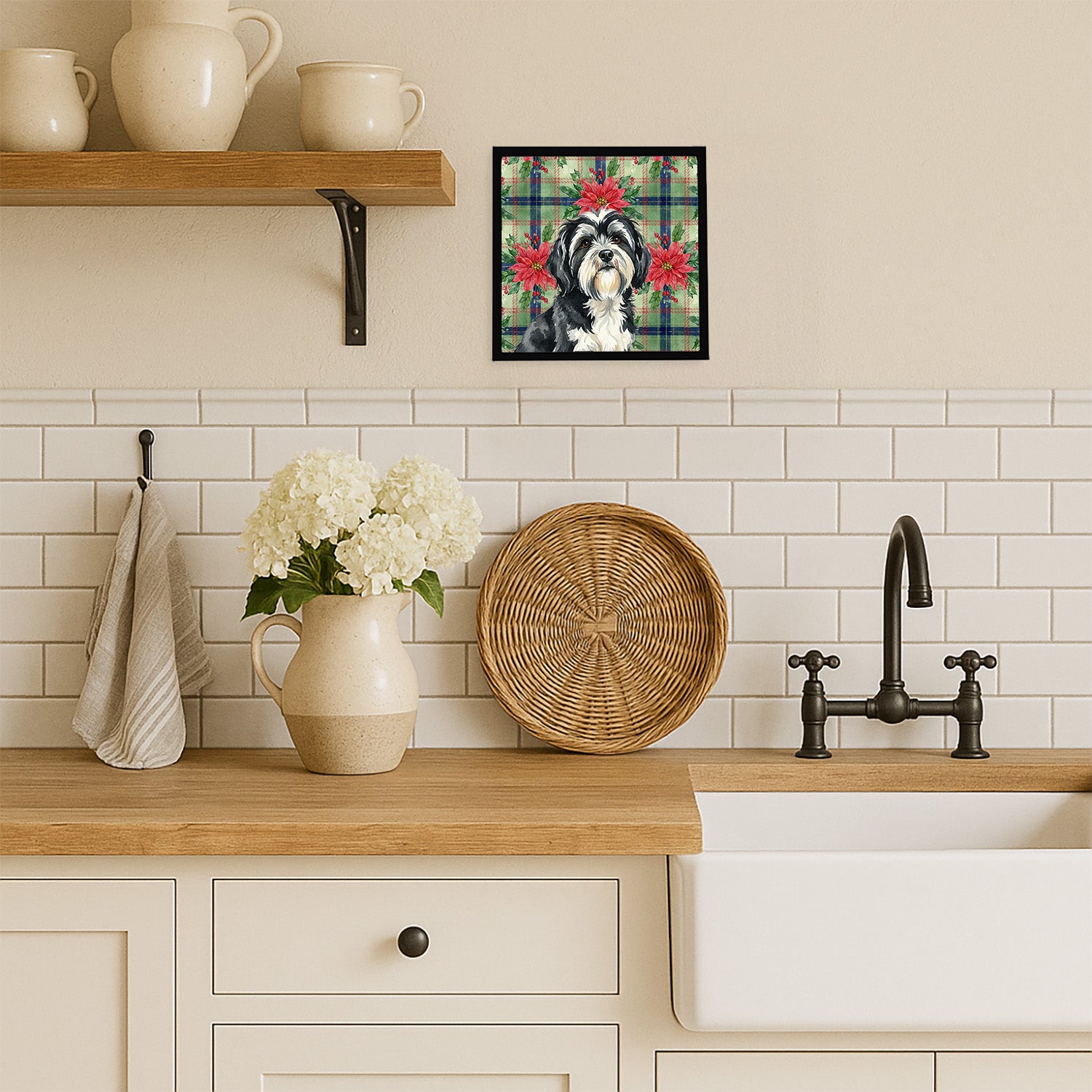 Caroline's Treasures Black and White Tibetan Terrier Christmas PoinsettIas Framed Metal Print