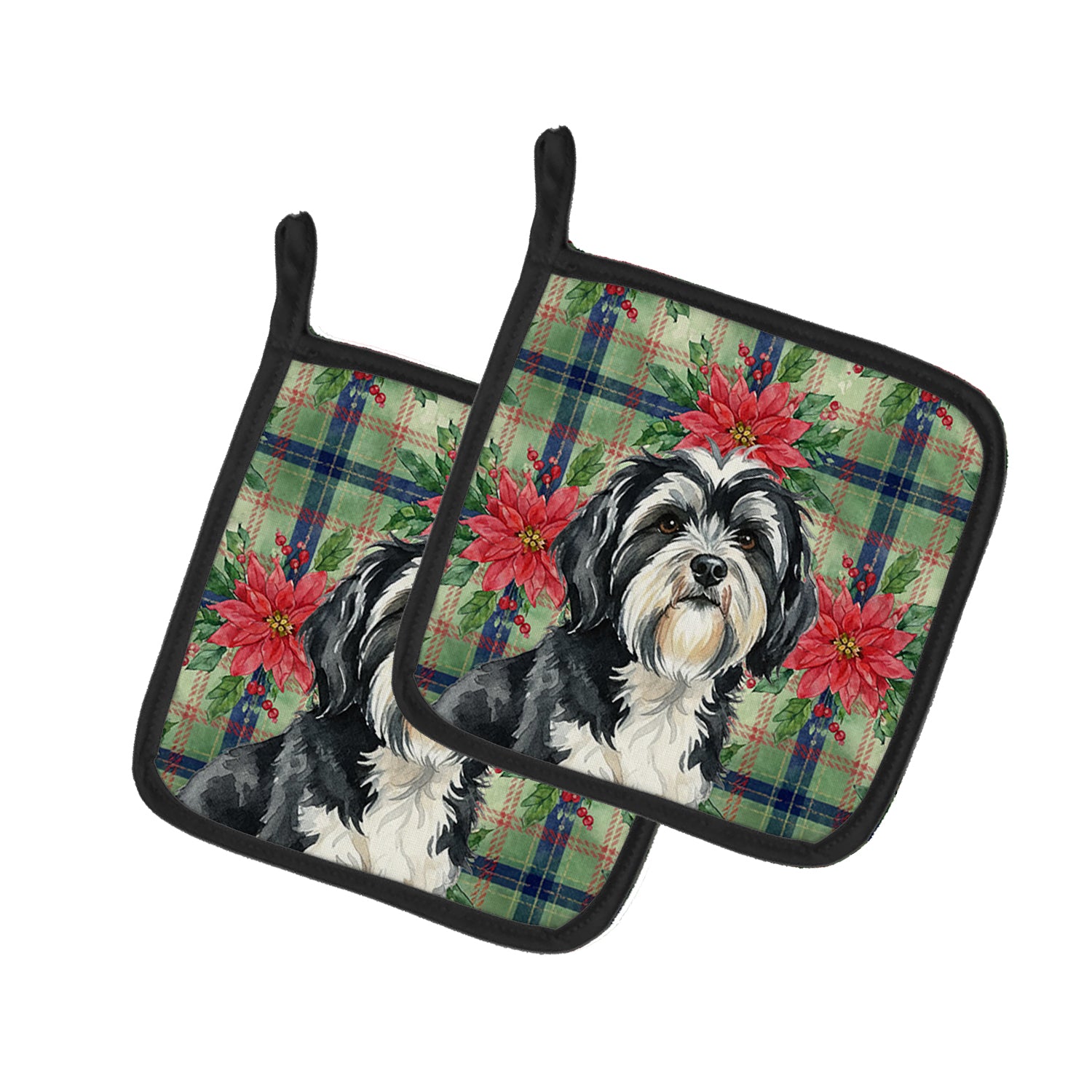 Caroline's Treasures Black and White Tibetan Terrier Christmas PoinsettIas Pair of Pot Holders
