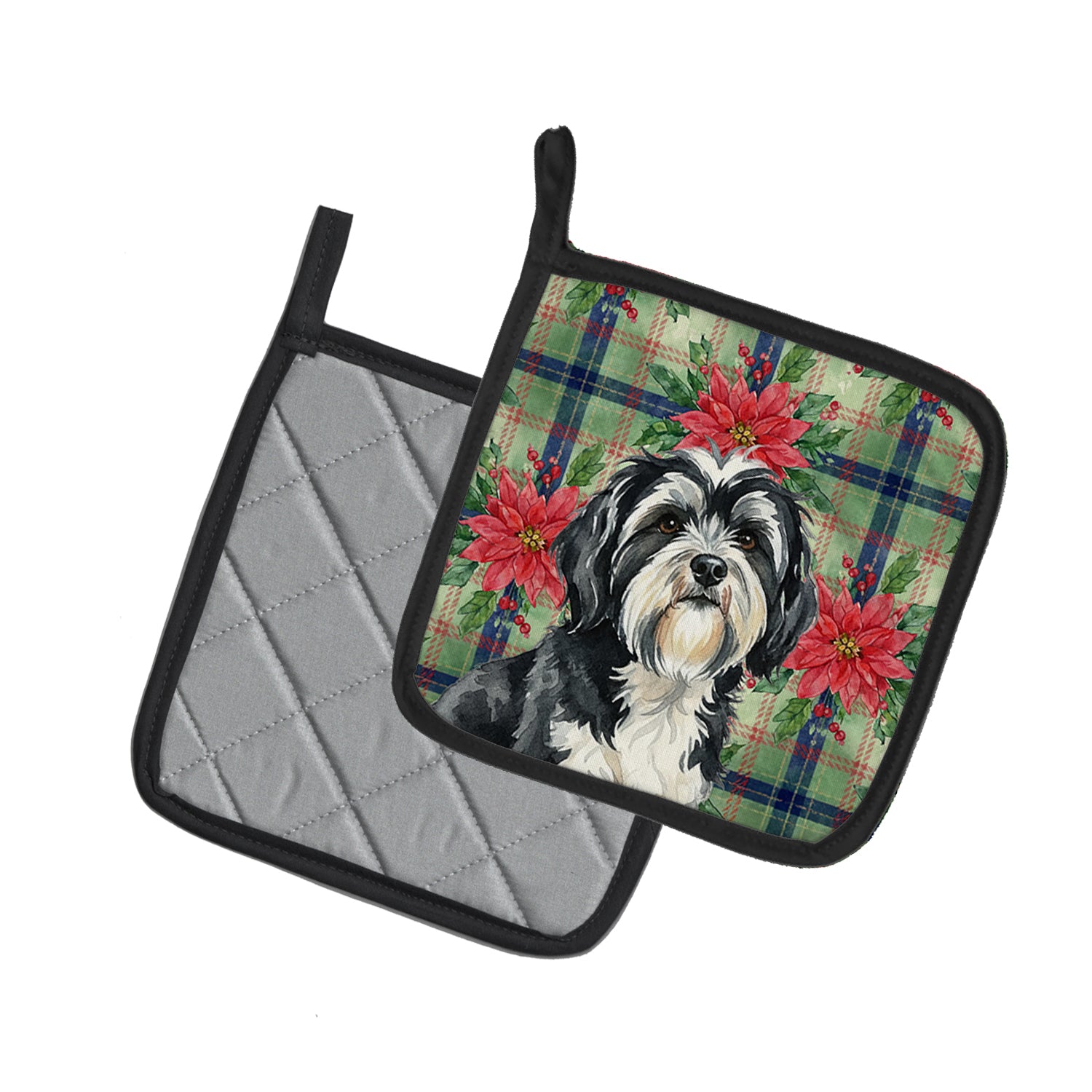 Caroline's Treasures Black and White Tibetan Terrier Christmas PoinsettIas Pair of Pot Holders