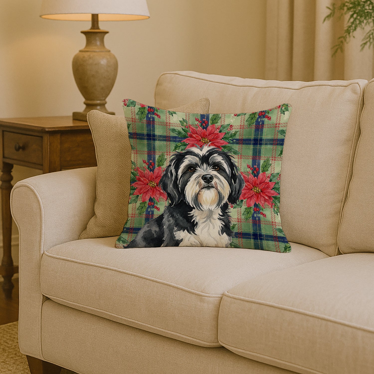 Caroline's Treasures Black and White Tibetan Terrier Christmas PoinsettIas Throw Pillow
