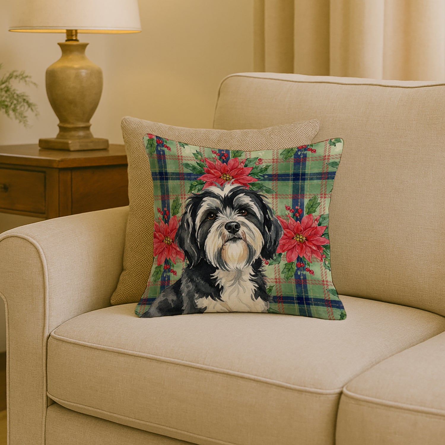 Caroline's Treasures Black and White Tibetan Terrier Christmas PoinsettIas Throw Pillow