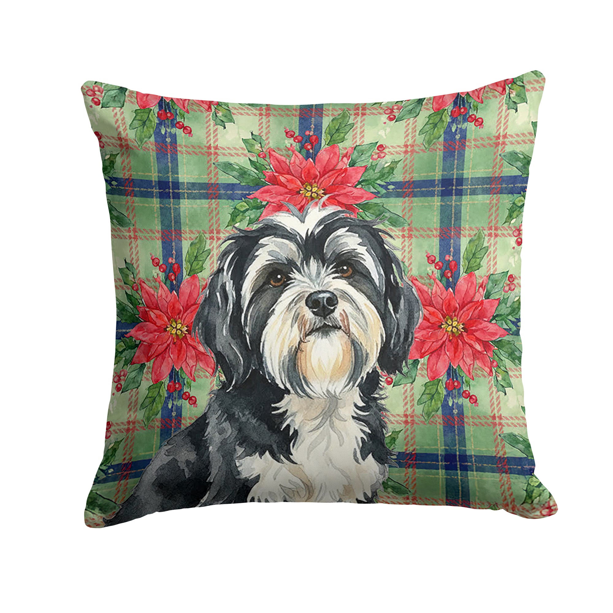 Caroline's Treasures Black and White Tibetan Terrier Christmas PoinsettIas Throw Pillow