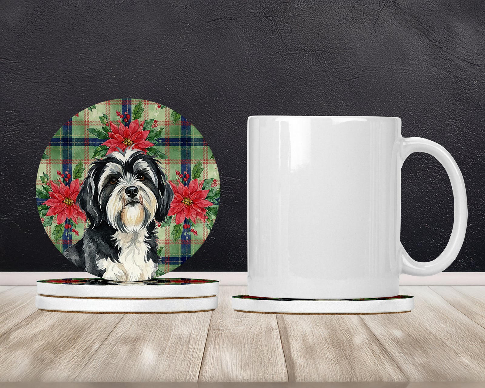 Caroline's Treasures Black and White Tibetan Terrier Christmas PoinsettIas Large Sandstone Coasters Pack of 4