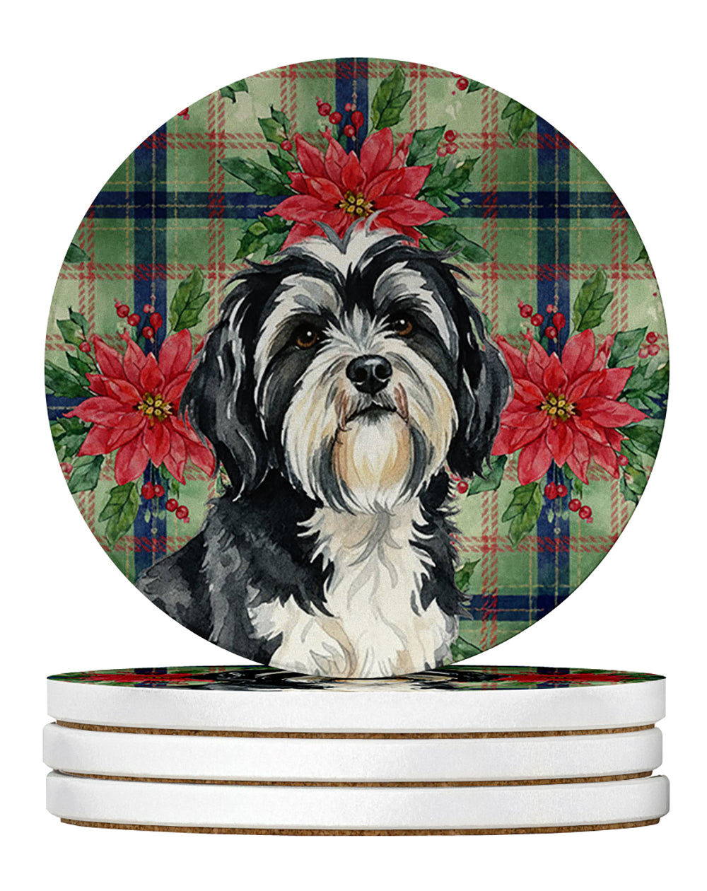 Caroline's Treasures Black and White Tibetan Terrier Christmas PoinsettIas Large Sandstone Coasters Pack of 4