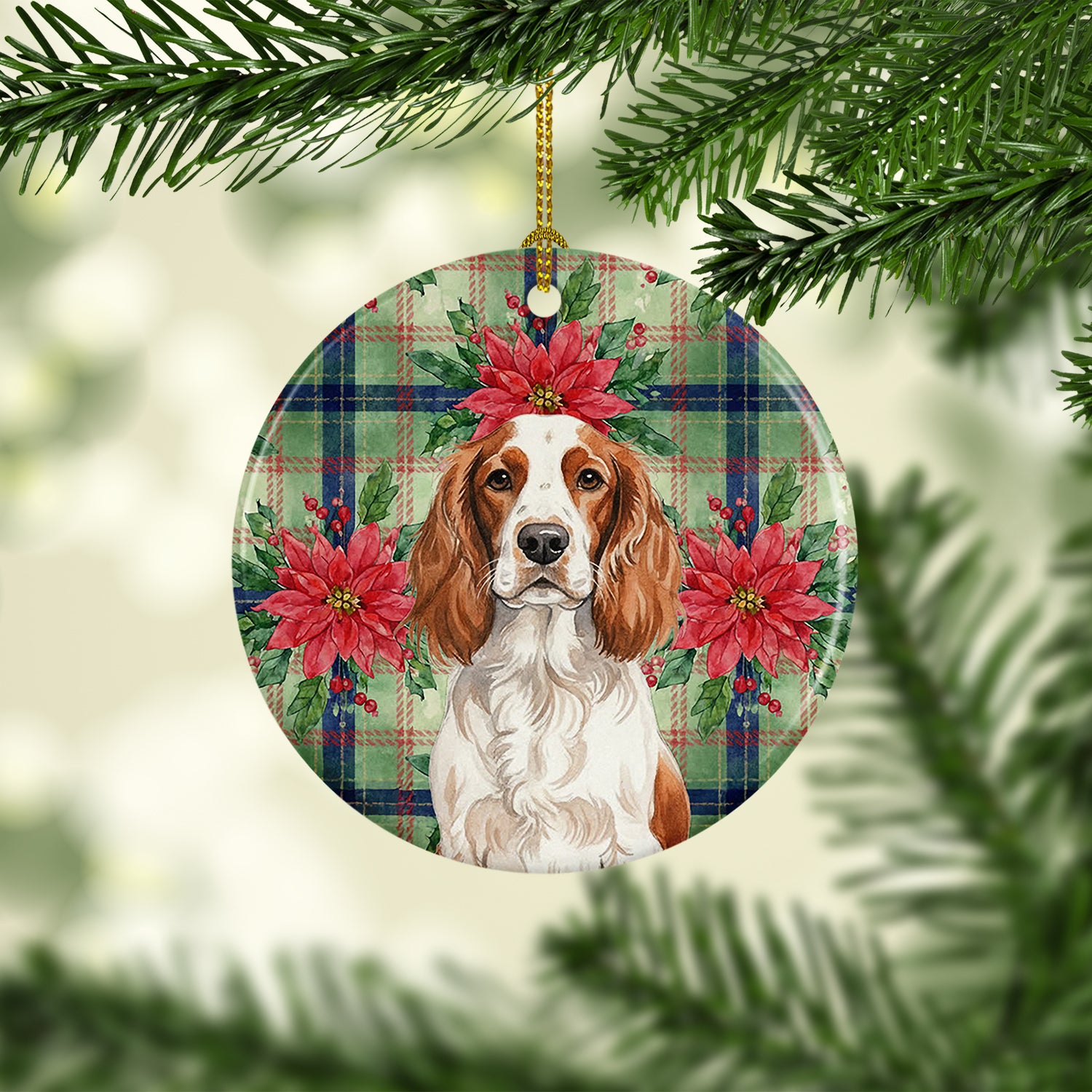 Caroline's Treasures Welsh Springer Spaniel Christmas PoinsettIas Ceramic Ornament