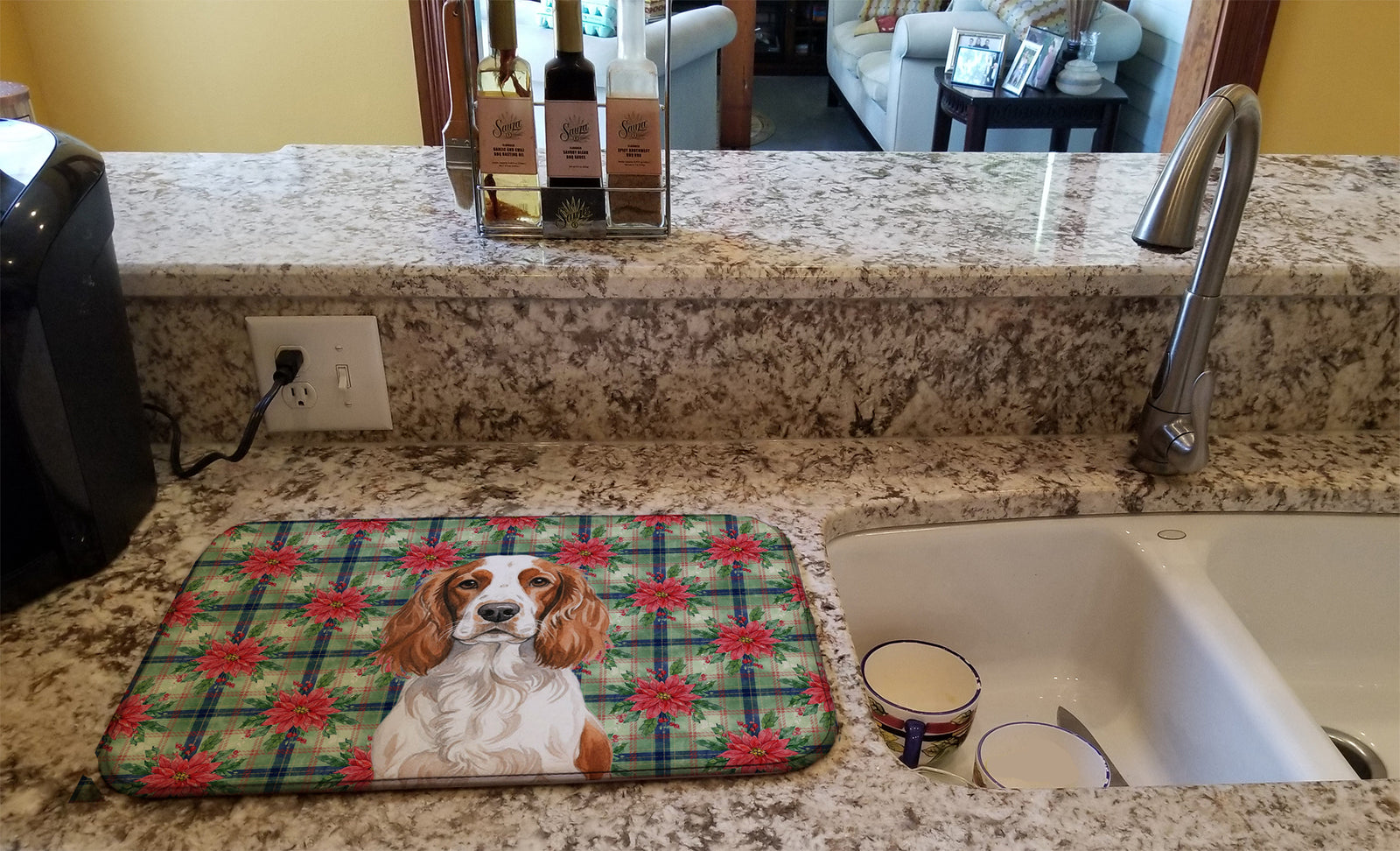 Caroline's Treasures Welsh Springer Spaniel Christmas PoinsettIas Dish Drying Mat