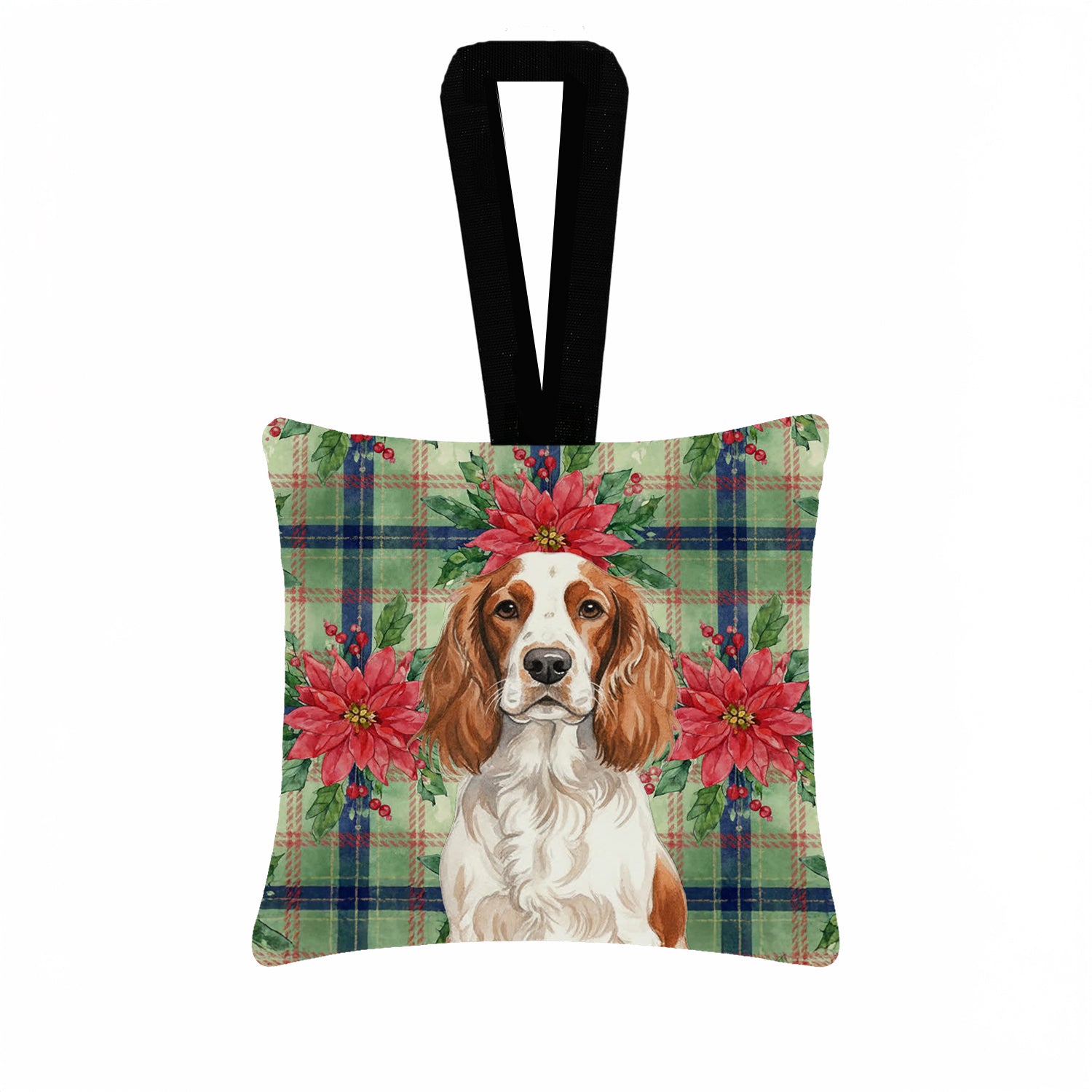 Caroline's Treasures Welsh Springer Spaniel Christmas PoinsettIas Hanging Square Fabric Ornament 3.5 x 3.5