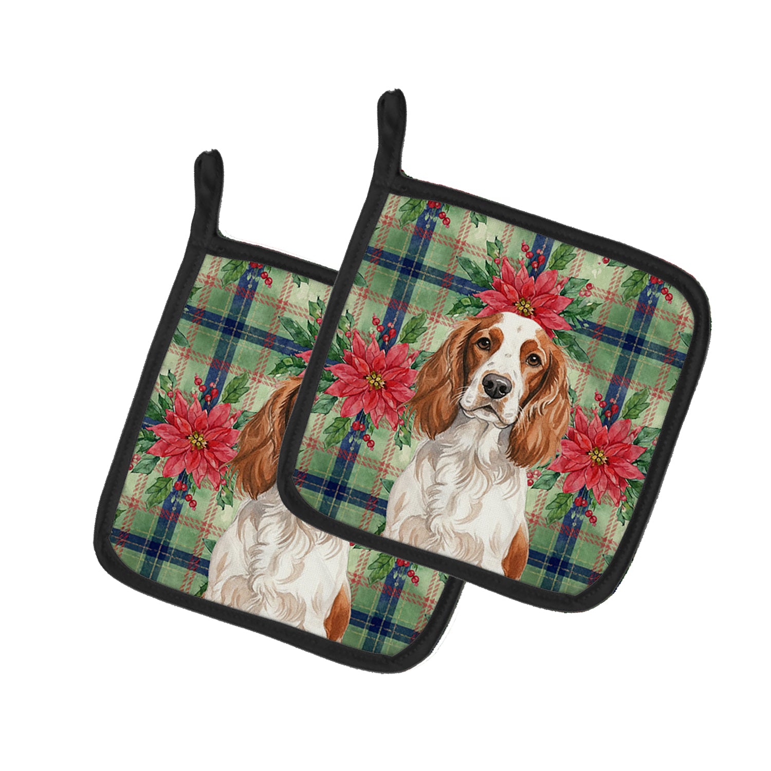 Caroline's Treasures Welsh Springer Spaniel Christmas PoinsettIas Pair of Pot Holders