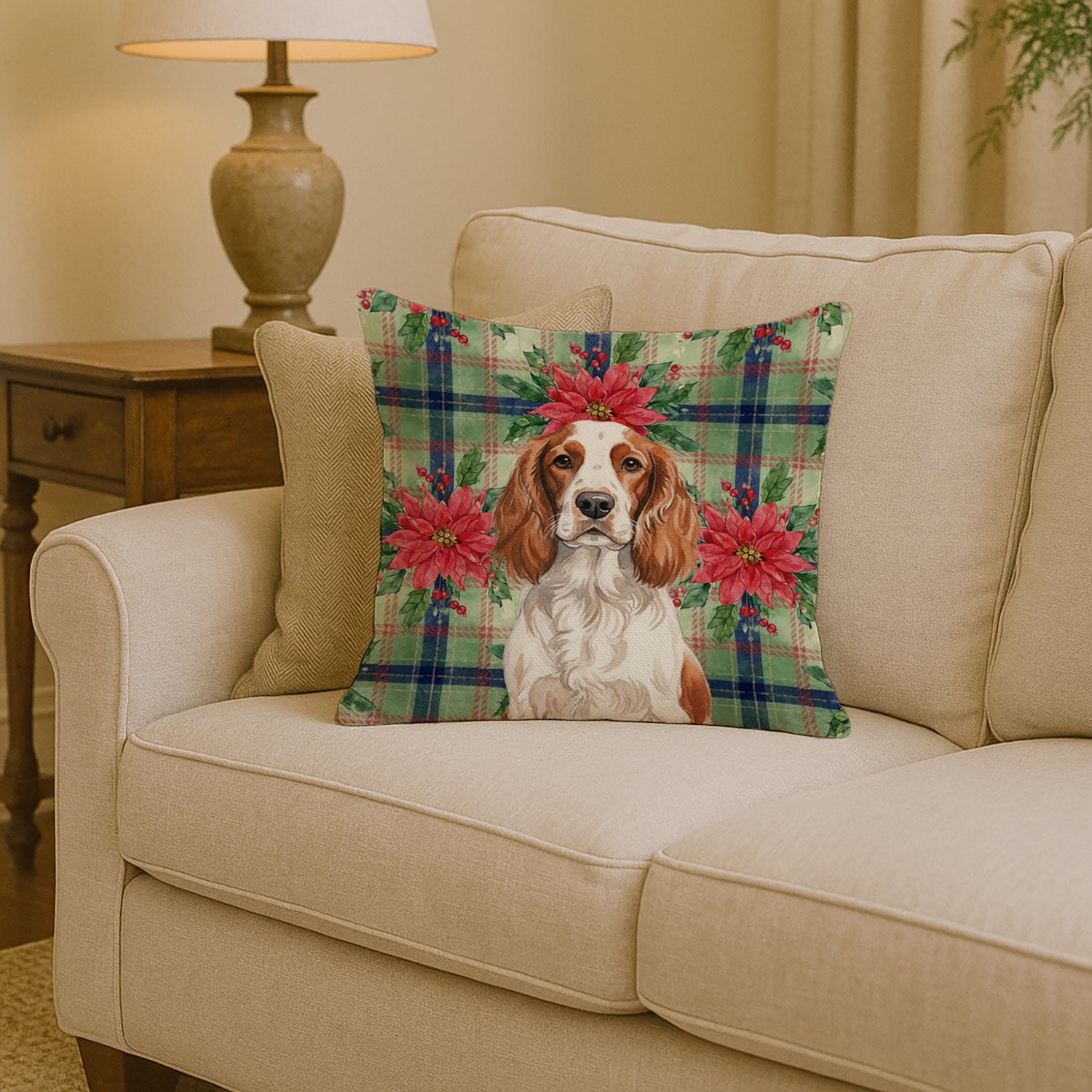 Caroline's Treasures Welsh Springer Spaniel Christmas PoinsettIas Throw Pillow