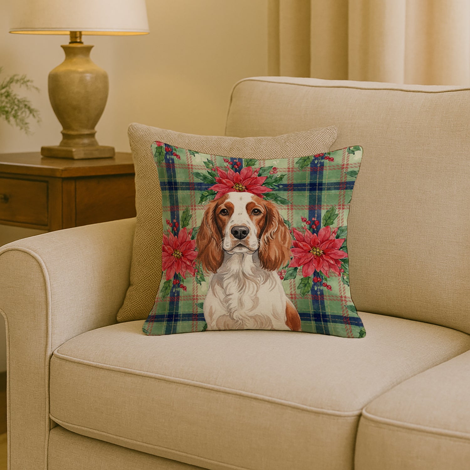 Caroline's Treasures Welsh Springer Spaniel Christmas PoinsettIas Throw Pillow