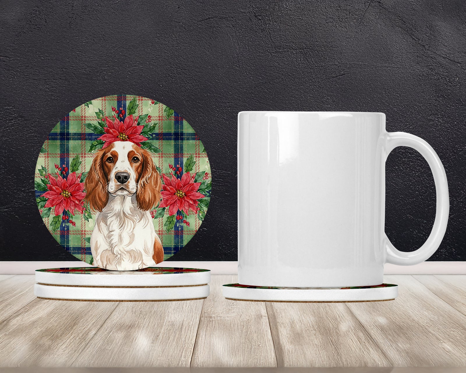 Caroline's Treasures Welsh Springer Spaniel Christmas PoinsettIas Large Sandstone Coasters Pack of 4