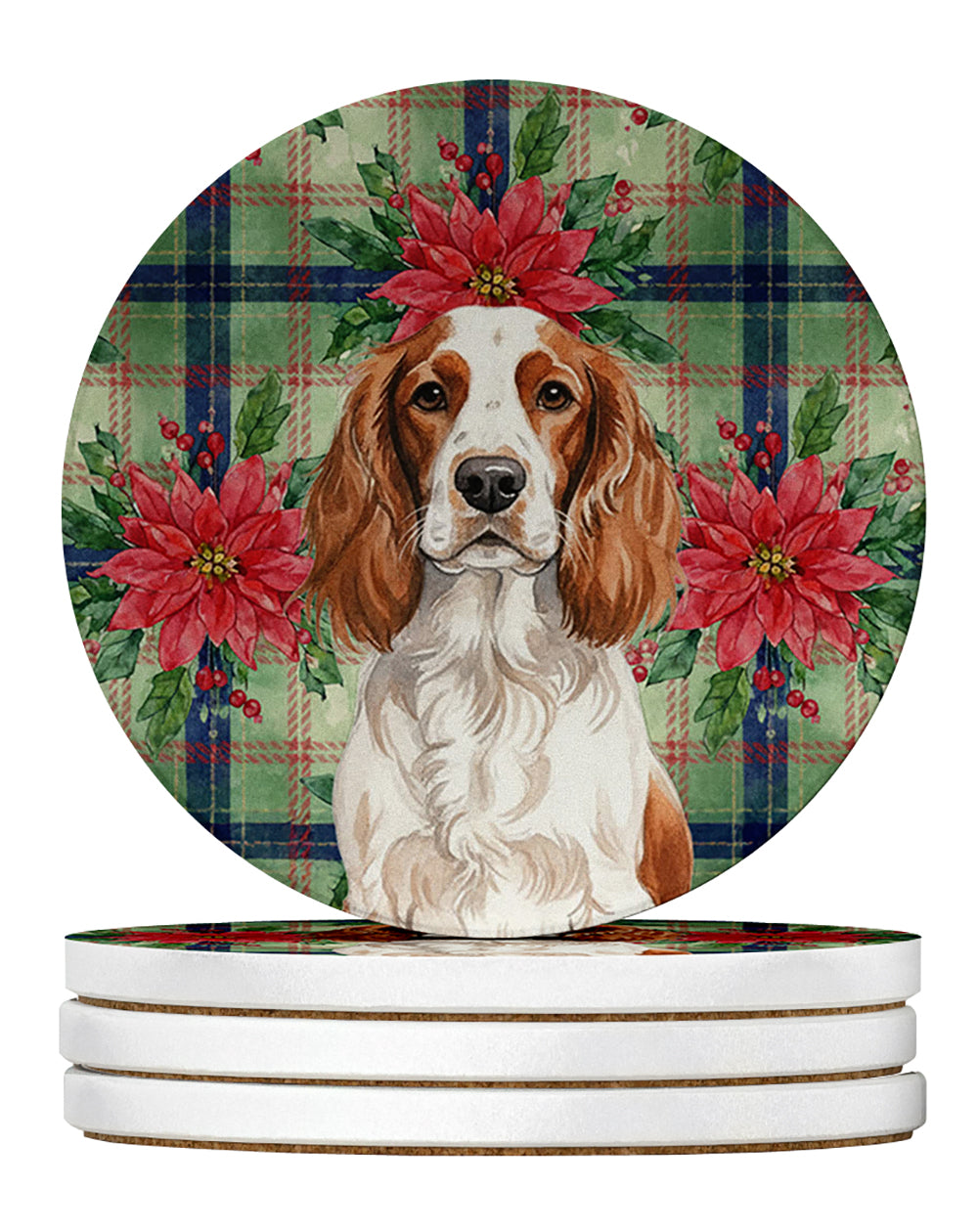 Caroline's Treasures Welsh Springer Spaniel Christmas PoinsettIas Large Sandstone Coasters Pack of 4