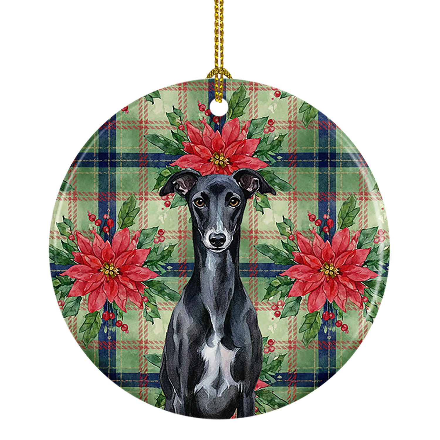 Caroline's Treasures Black Whippet Christmas PoinsettIas Ceramic Ornament