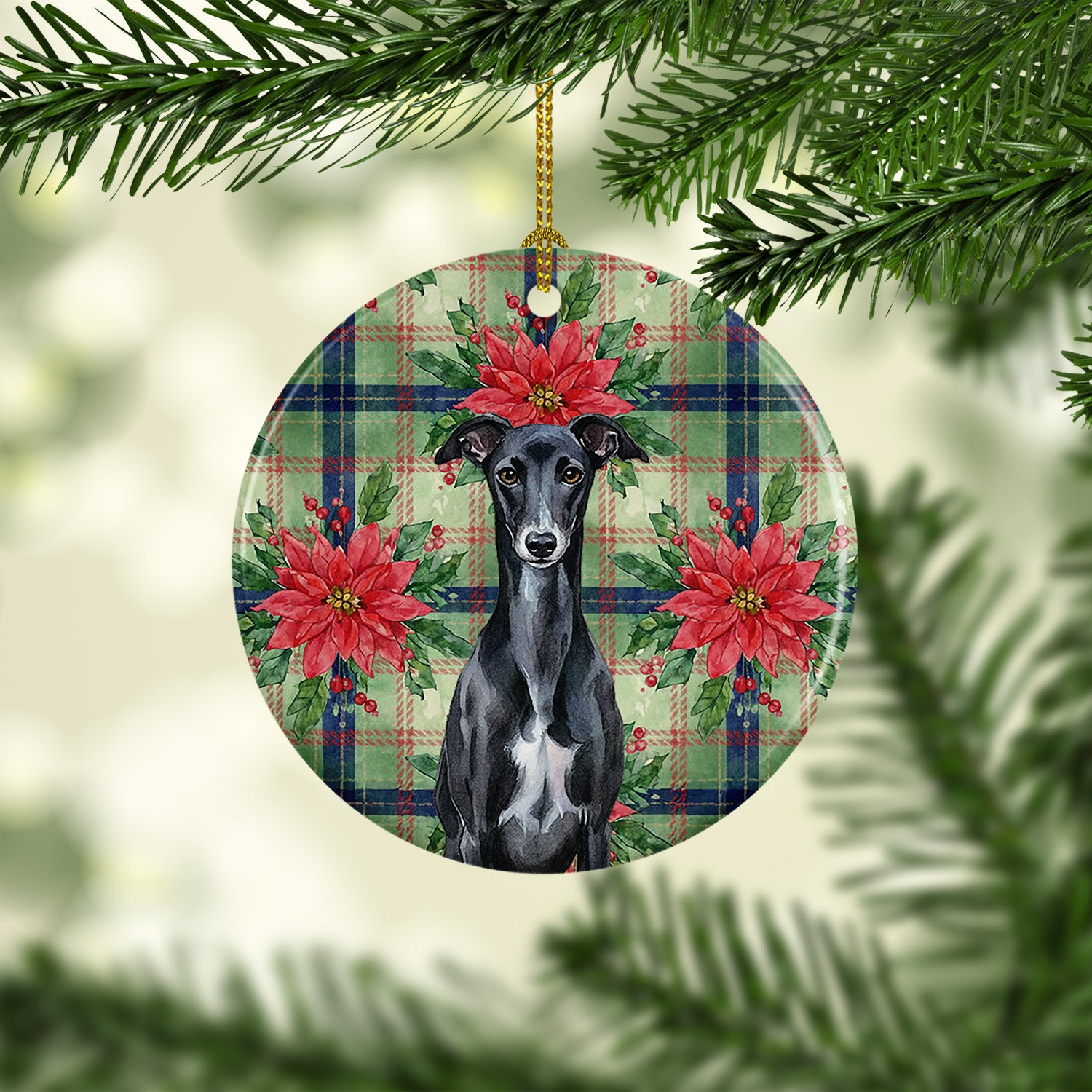 Caroline's Treasures Black Whippet Christmas PoinsettIas Ceramic Ornament