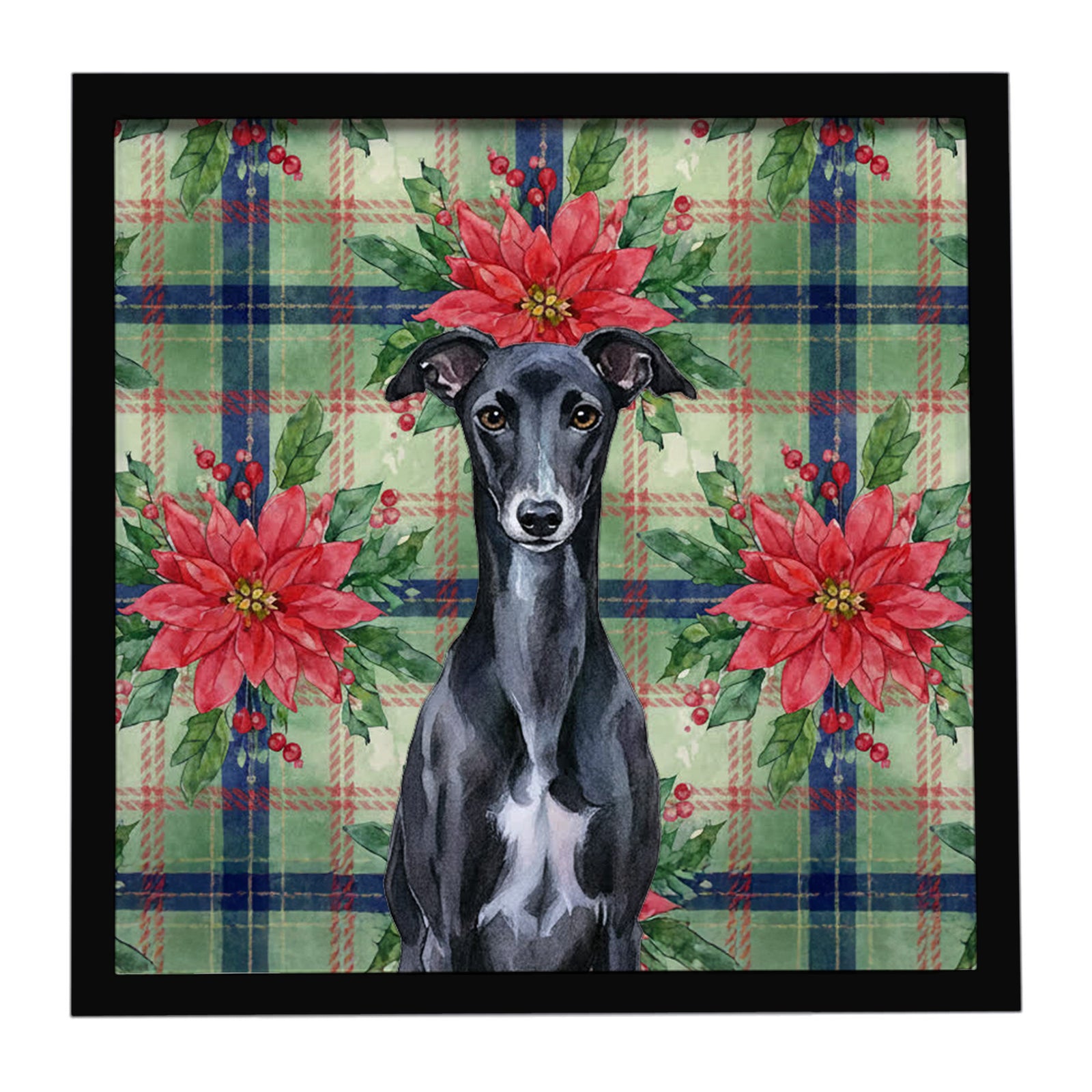 Caroline's Treasures Black Whippet Christmas PoinsettIas Framed Metal Print
