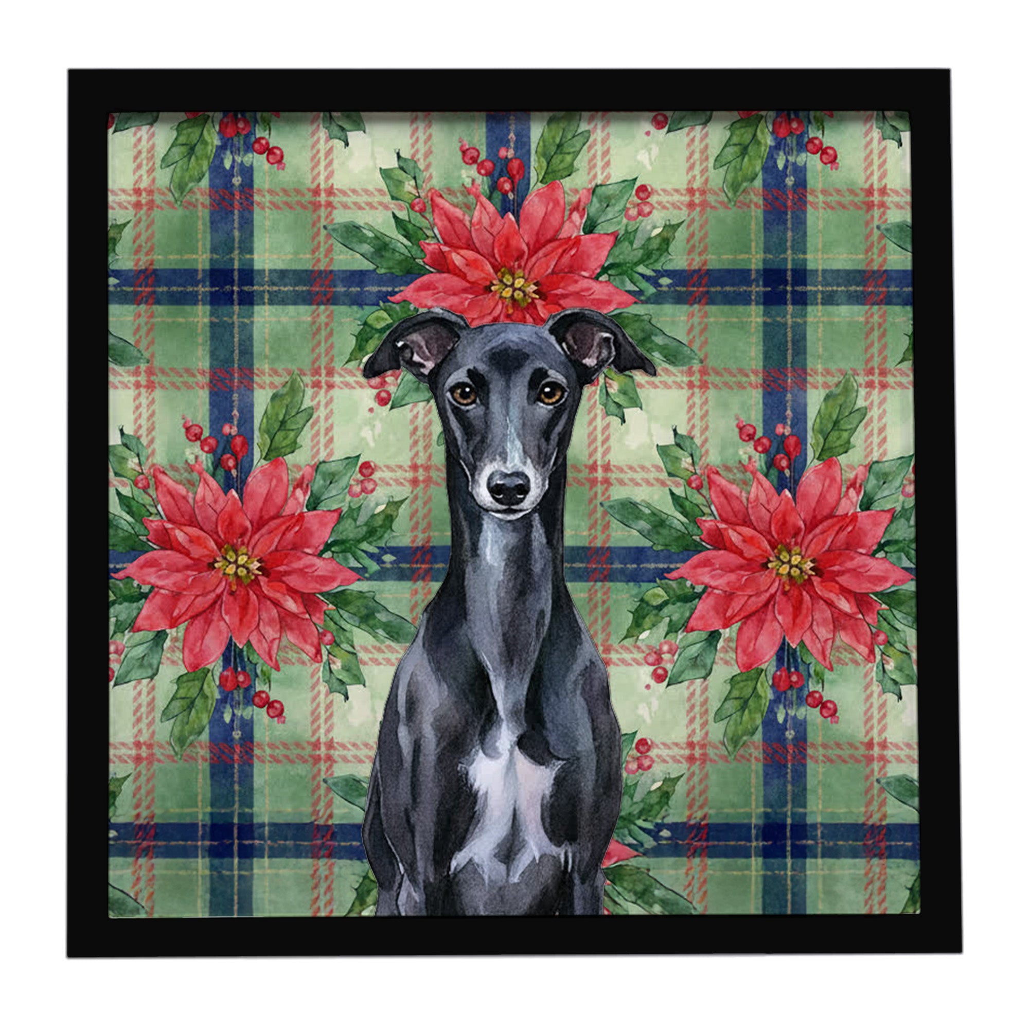 Caroline's Treasures Black Whippet Christmas PoinsettIas Framed Metal Print