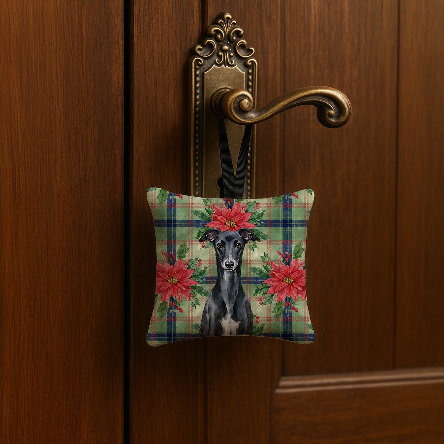 Caroline's Treasures Black Whippet Christmas PoinsettIas Hanging Square Fabric Ornament 3.5 x 3.5