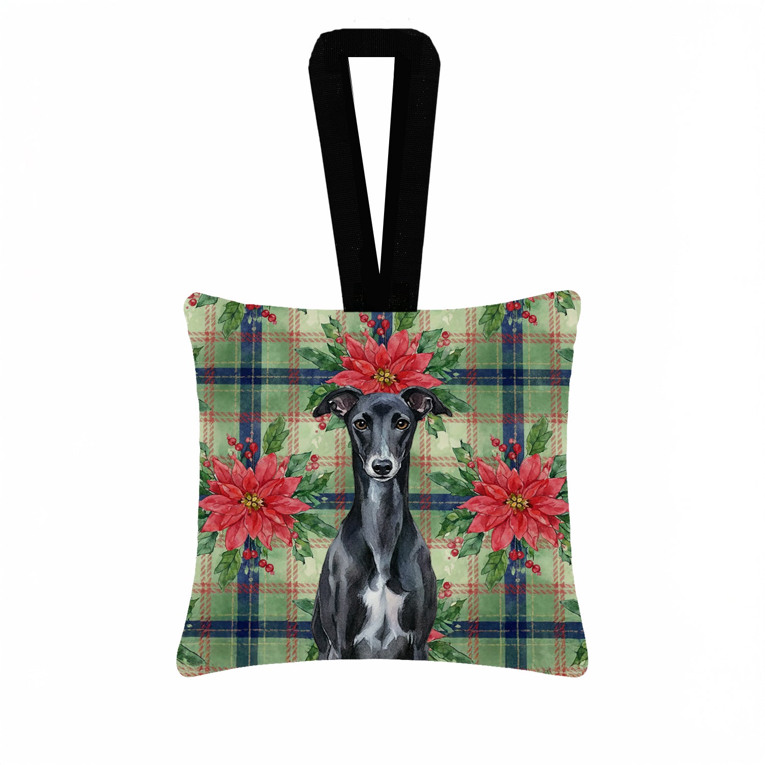 Caroline's Treasures Black Whippet Christmas PoinsettIas Hanging Square Fabric Ornament 3.5 x 3.5