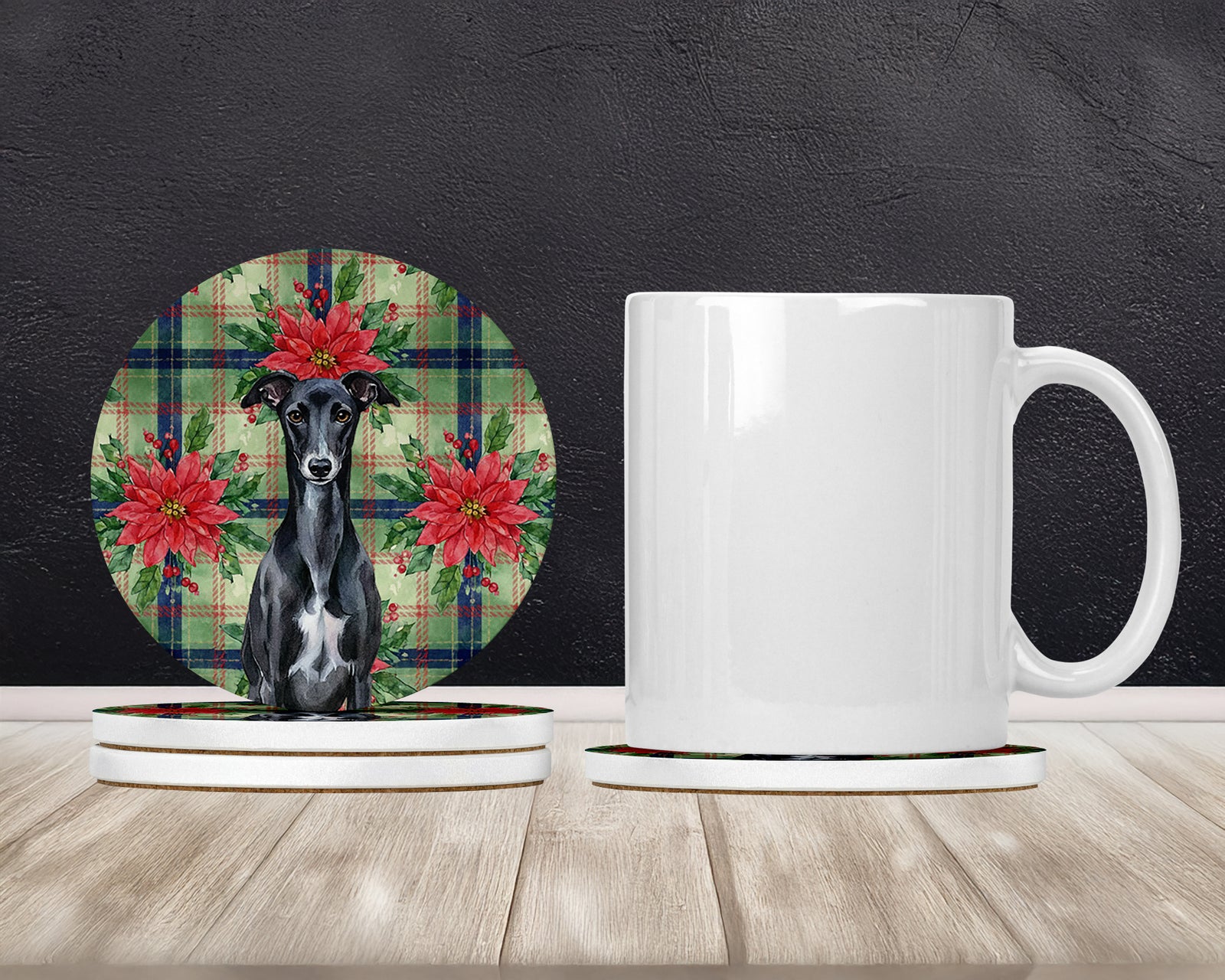 Caroline's Treasures Black Whippet Christmas PoinsettIas Large Sandstone Coasters Pack of 4