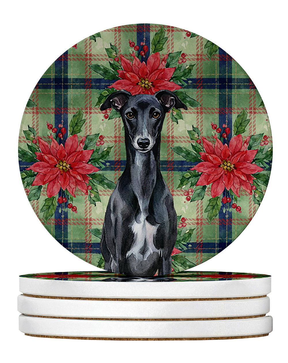 Caroline's Treasures Black Whippet Christmas PoinsettIas Large Sandstone Coasters Pack of 4