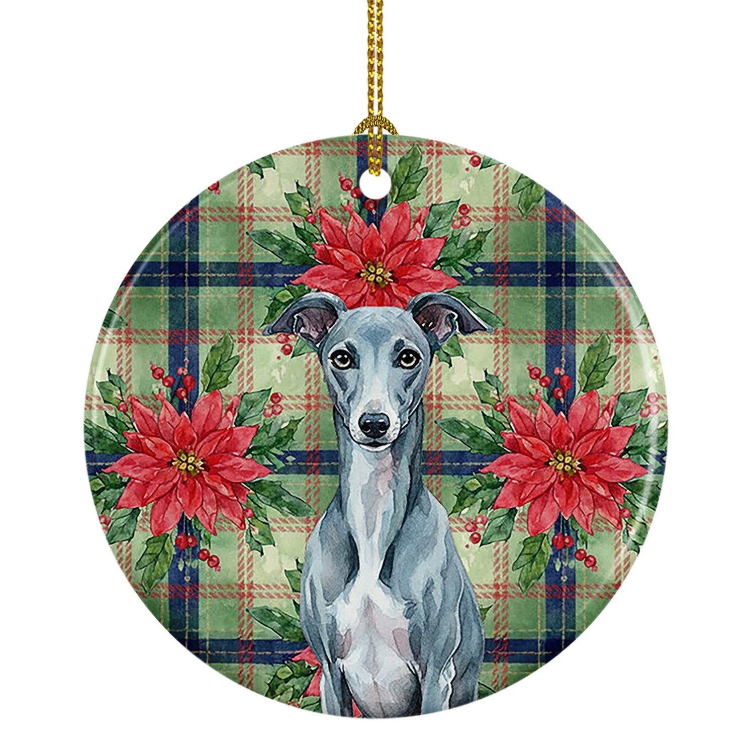 Caroline's Treasures Blue Whippet Christmas PoinsettIas Ceramic Ornament