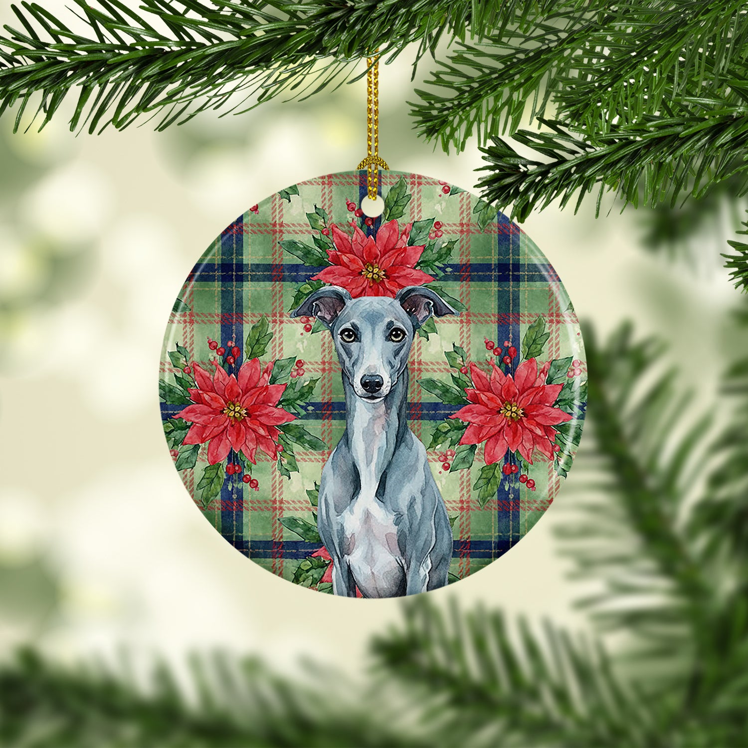 Caroline's Treasures Blue Whippet Christmas PoinsettIas Ceramic Ornament
