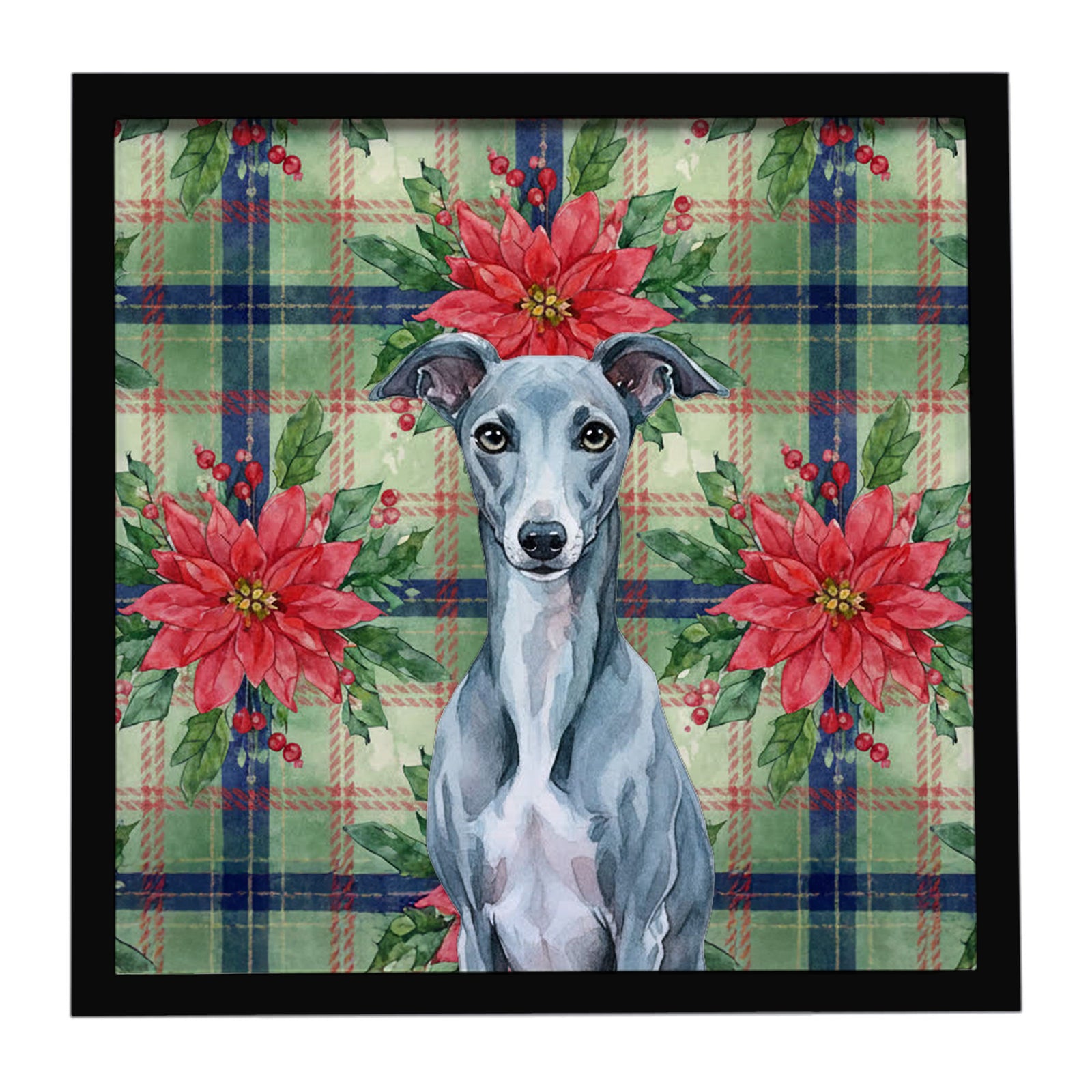 Caroline's Treasures Blue Whippet Christmas PoinsettIas Framed Metal Print