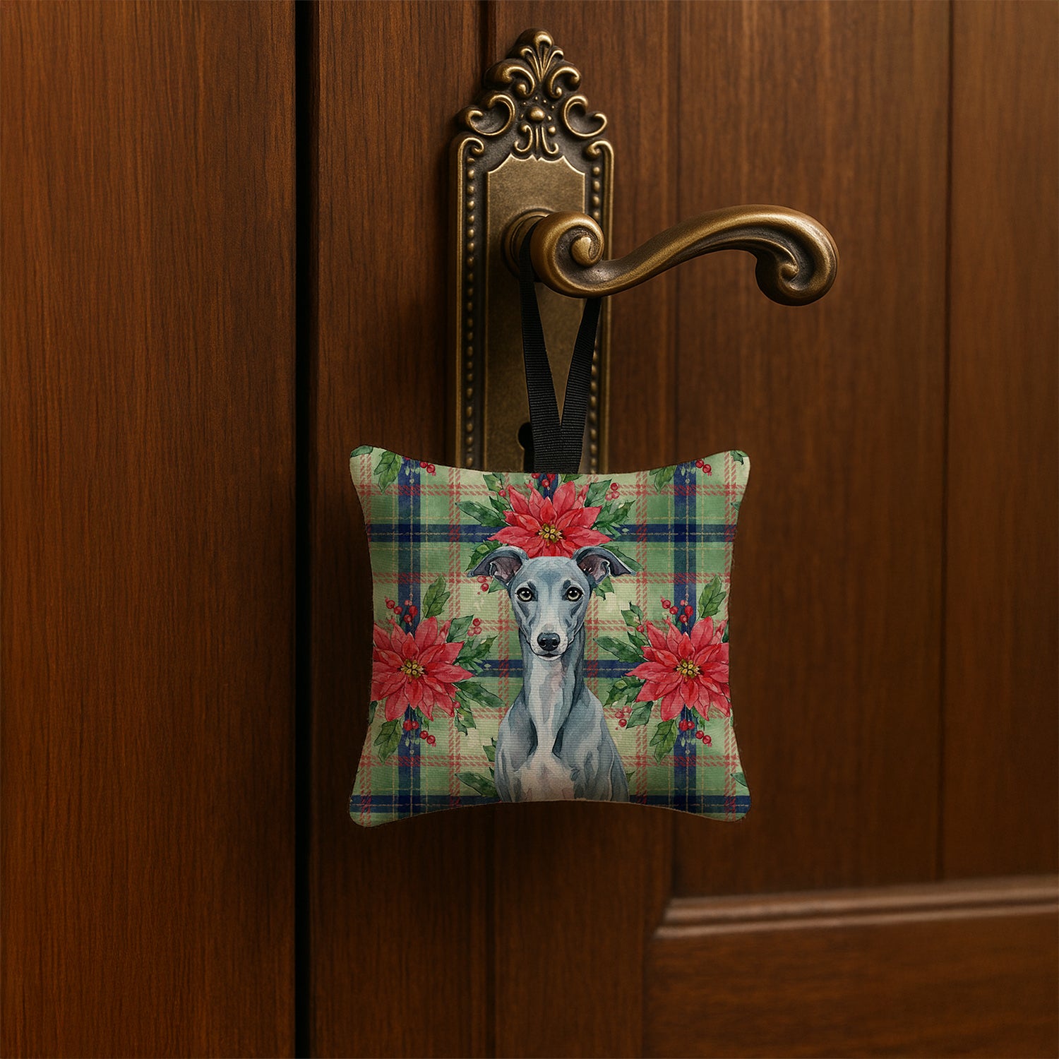 Caroline's Treasures Blue Whippet Christmas PoinsettIas Hanging Square Fabric Ornament 3.5 x 3.5