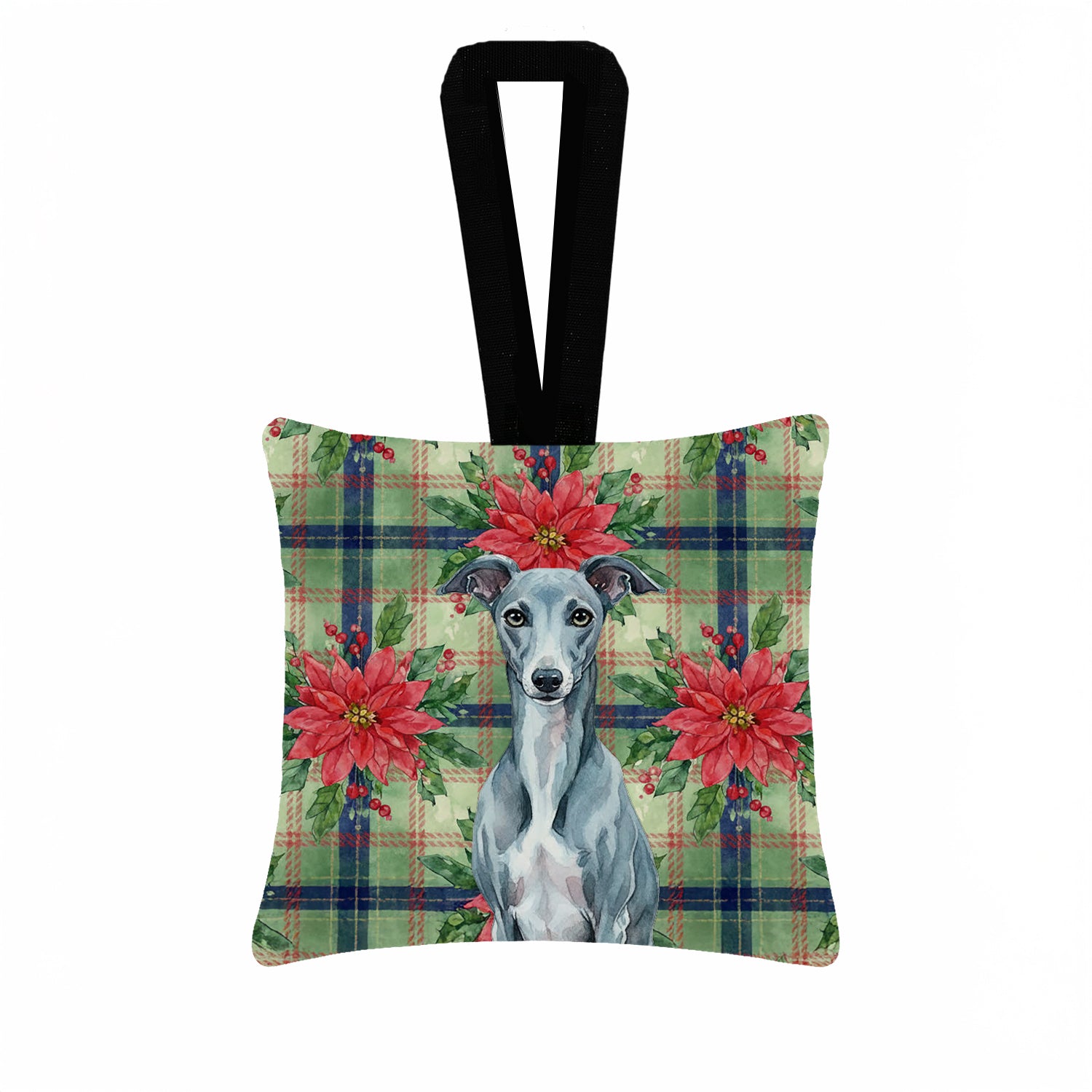 Caroline's Treasures Blue Whippet Christmas PoinsettIas Hanging Square Fabric Ornament 3.5 x 3.5