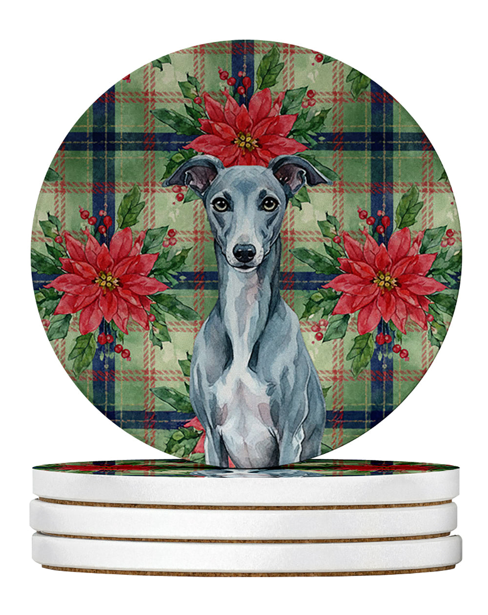 Caroline's Treasures Blue Whippet Christmas PoinsettIas Large Sandstone Coasters Pack of 4