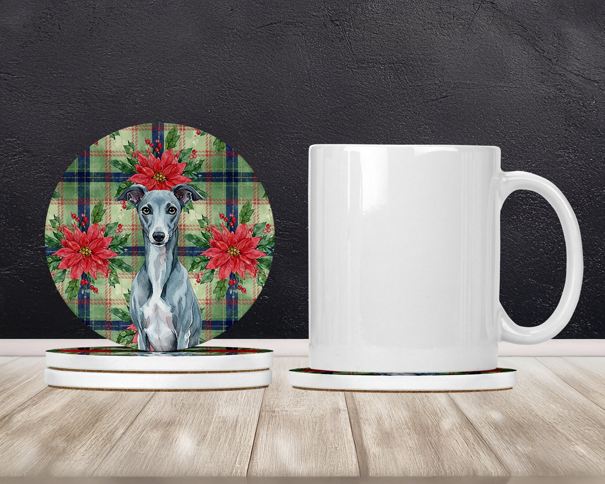 Caroline's Treasures Blue Whippet Christmas PoinsettIas Large Sandstone Coasters Pack of 4