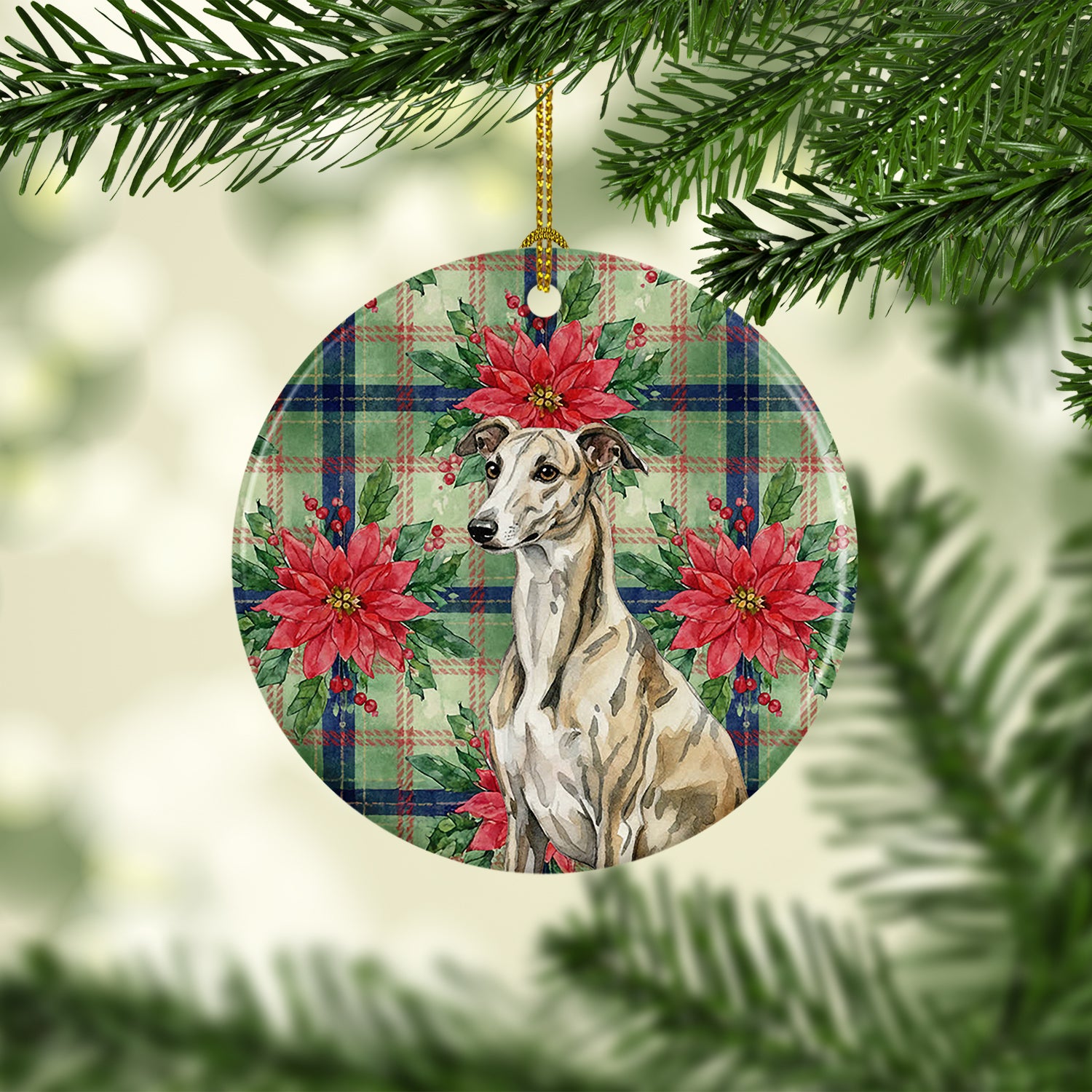 Caroline's Treasures Brindle Whippet Christmas PoinsettIas Ceramic Ornament