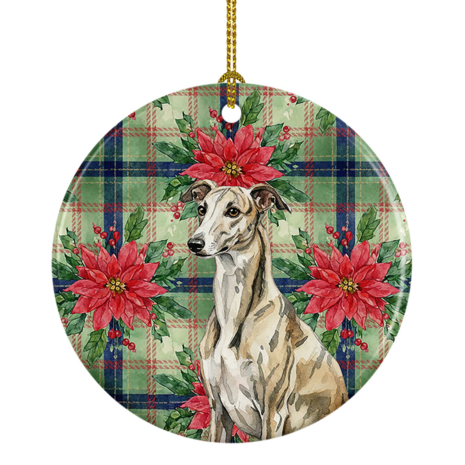Caroline's Treasures Brindle Whippet Christmas PoinsettIas Ceramic Ornament