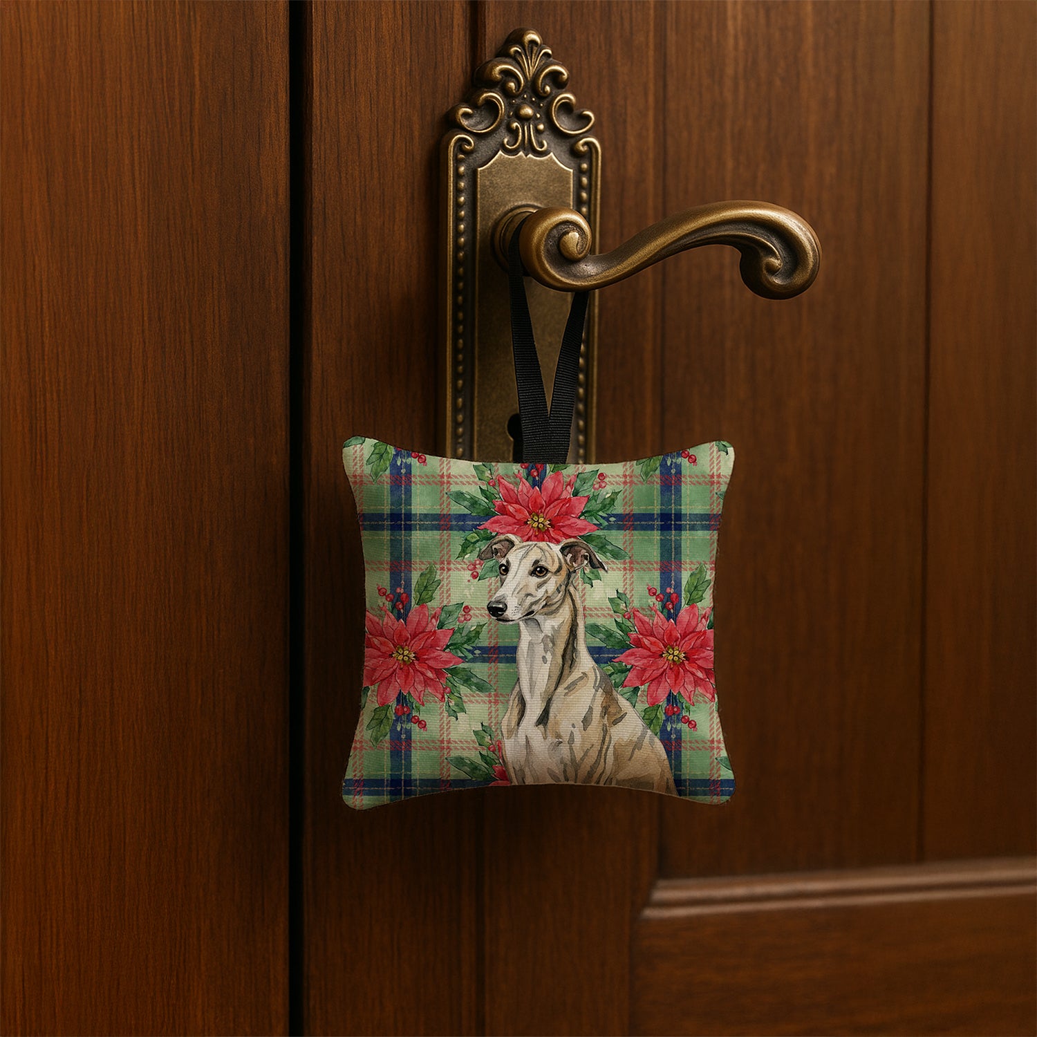 Caroline's Treasures Brindle Whippet Christmas PoinsettIas Hanging Square Fabric Ornament 3.5 x 3.5