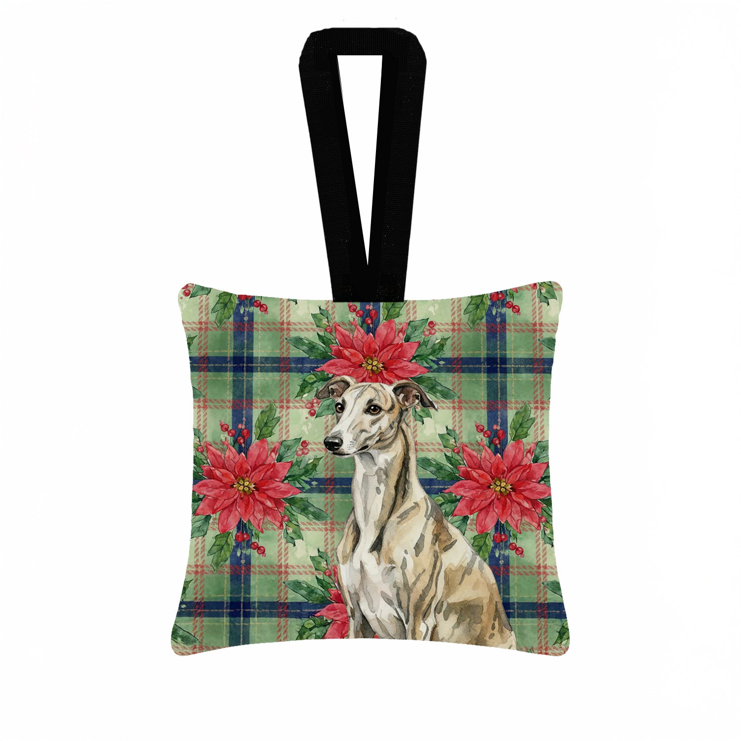 Caroline's Treasures Brindle Whippet Christmas PoinsettIas Hanging Square Fabric Ornament 3.5 x 3.5