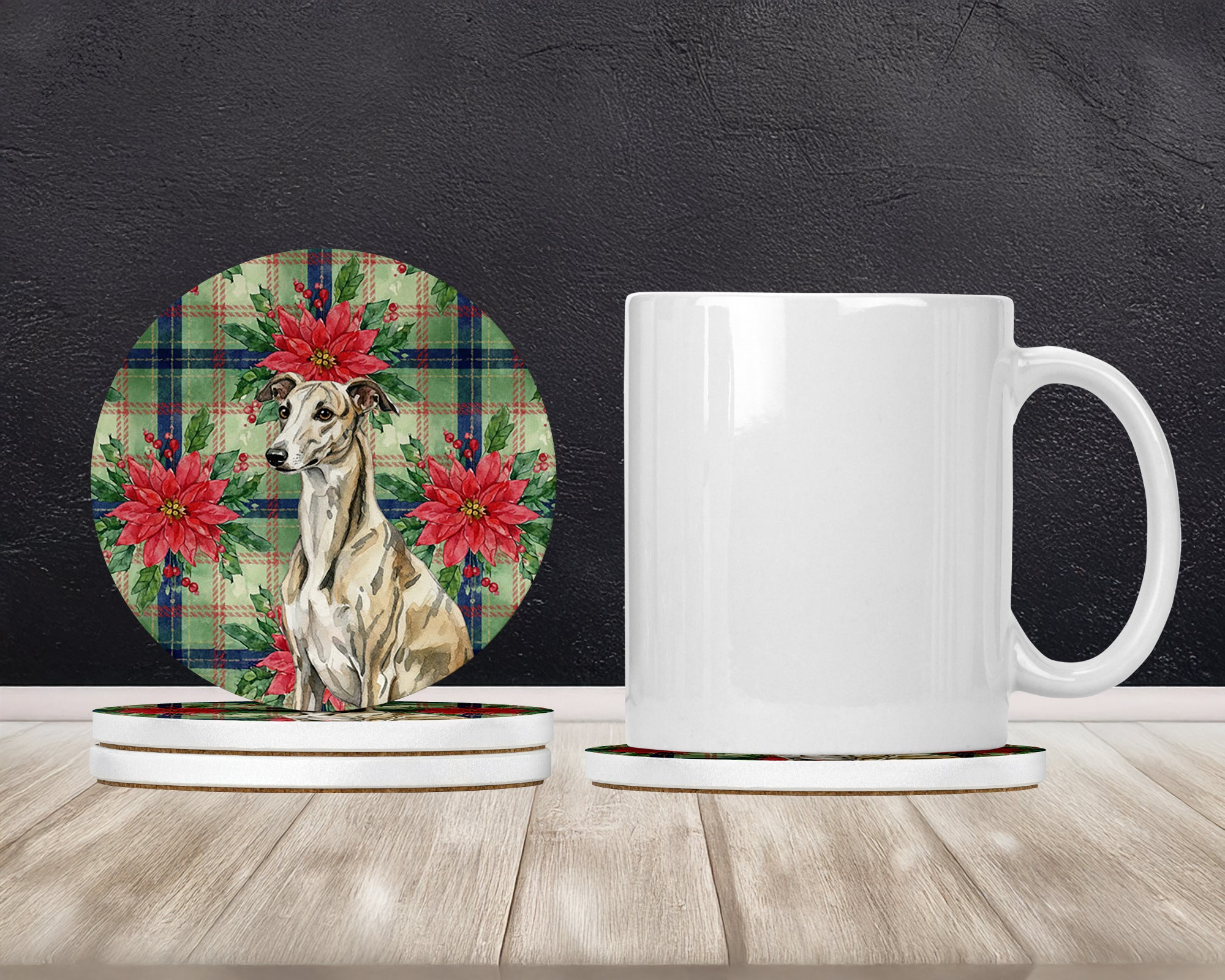 Caroline's Treasures Brindle Whippet Christmas PoinsettIas Large Sandstone Coasters Pack of 4