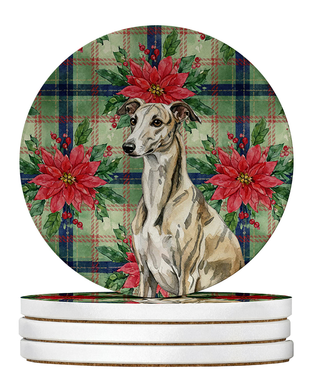 Caroline's Treasures Brindle Whippet Christmas PoinsettIas Large Sandstone Coasters Pack of 4