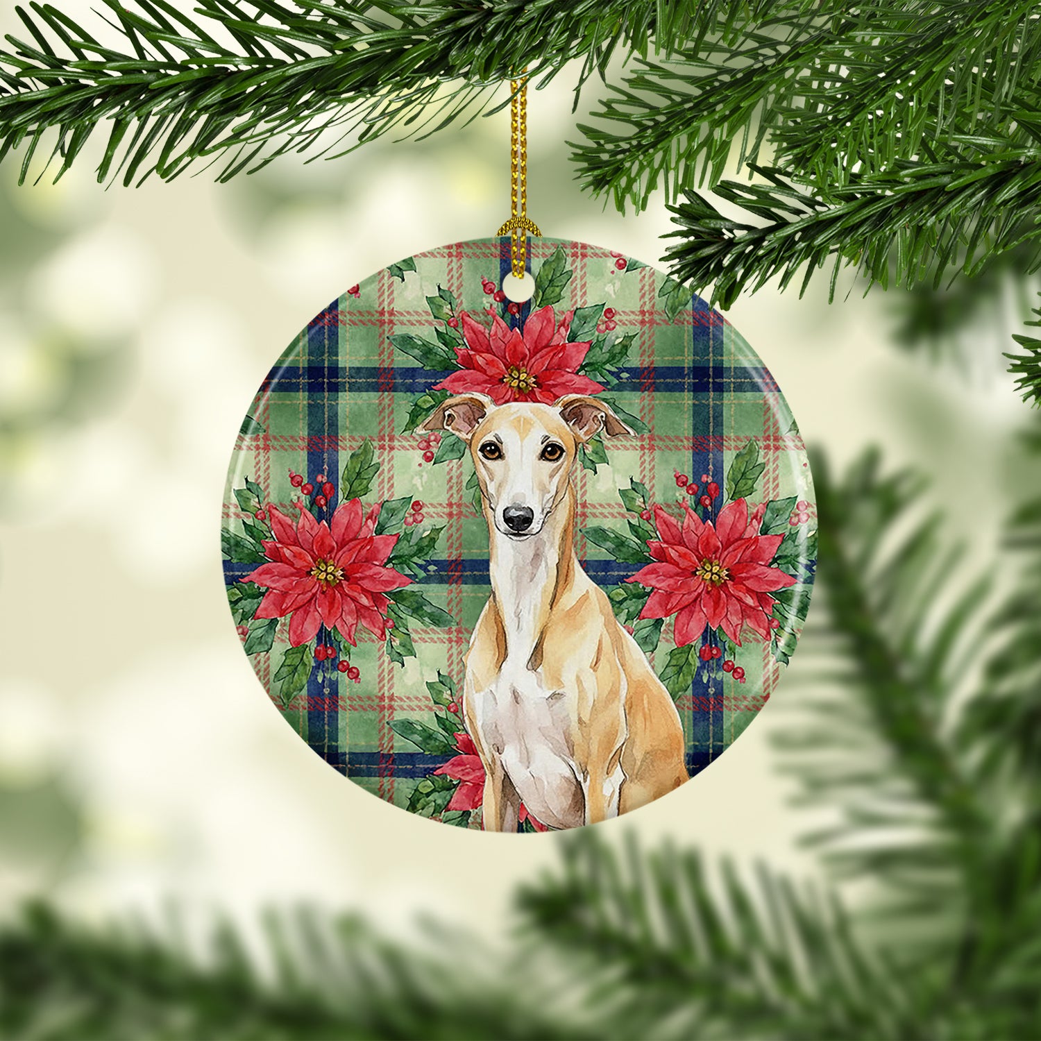 Caroline's Treasures Fawn Whippet Christmas PoinsettIas Ceramic Ornament