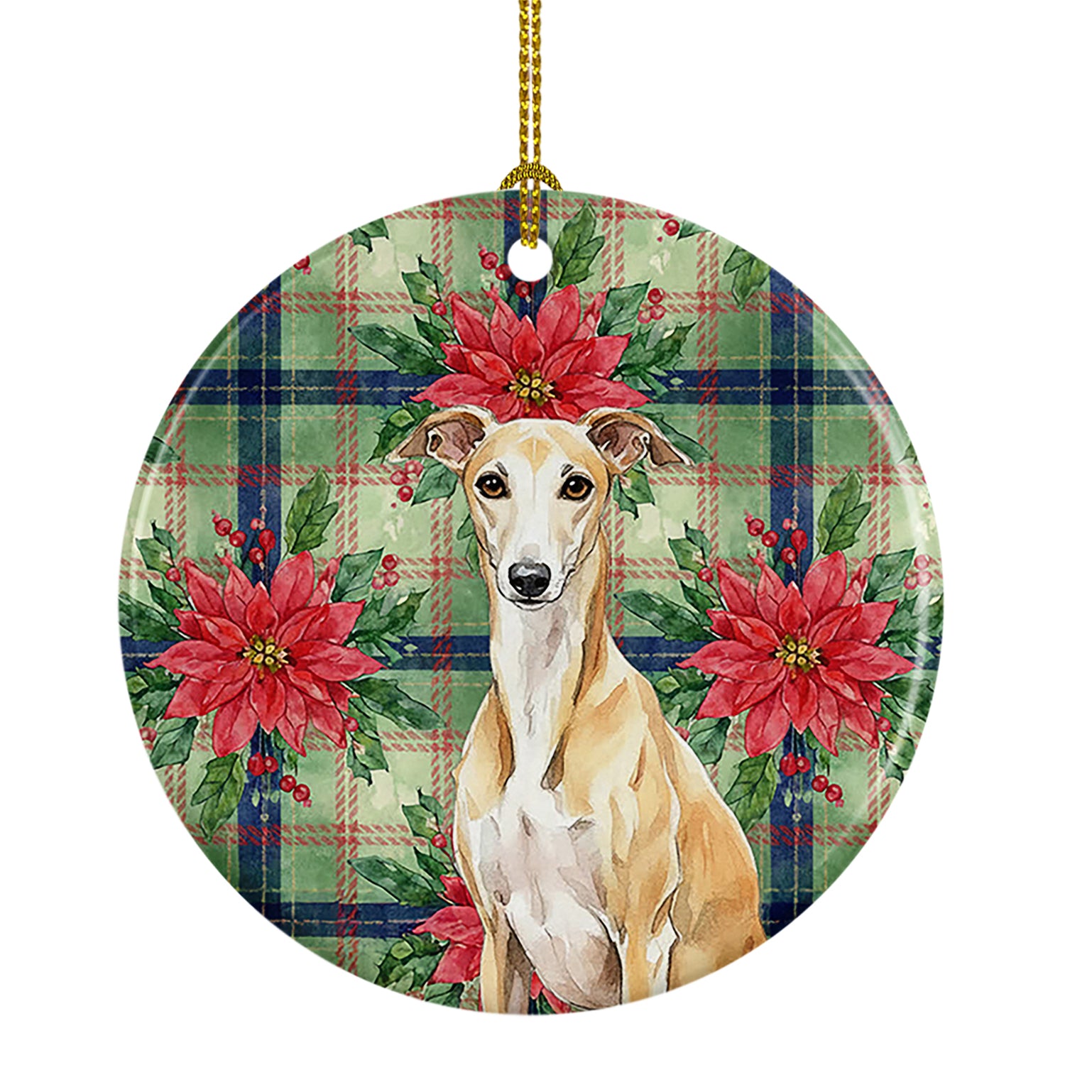 Caroline's Treasures Fawn Whippet Christmas PoinsettIas Ceramic Ornament