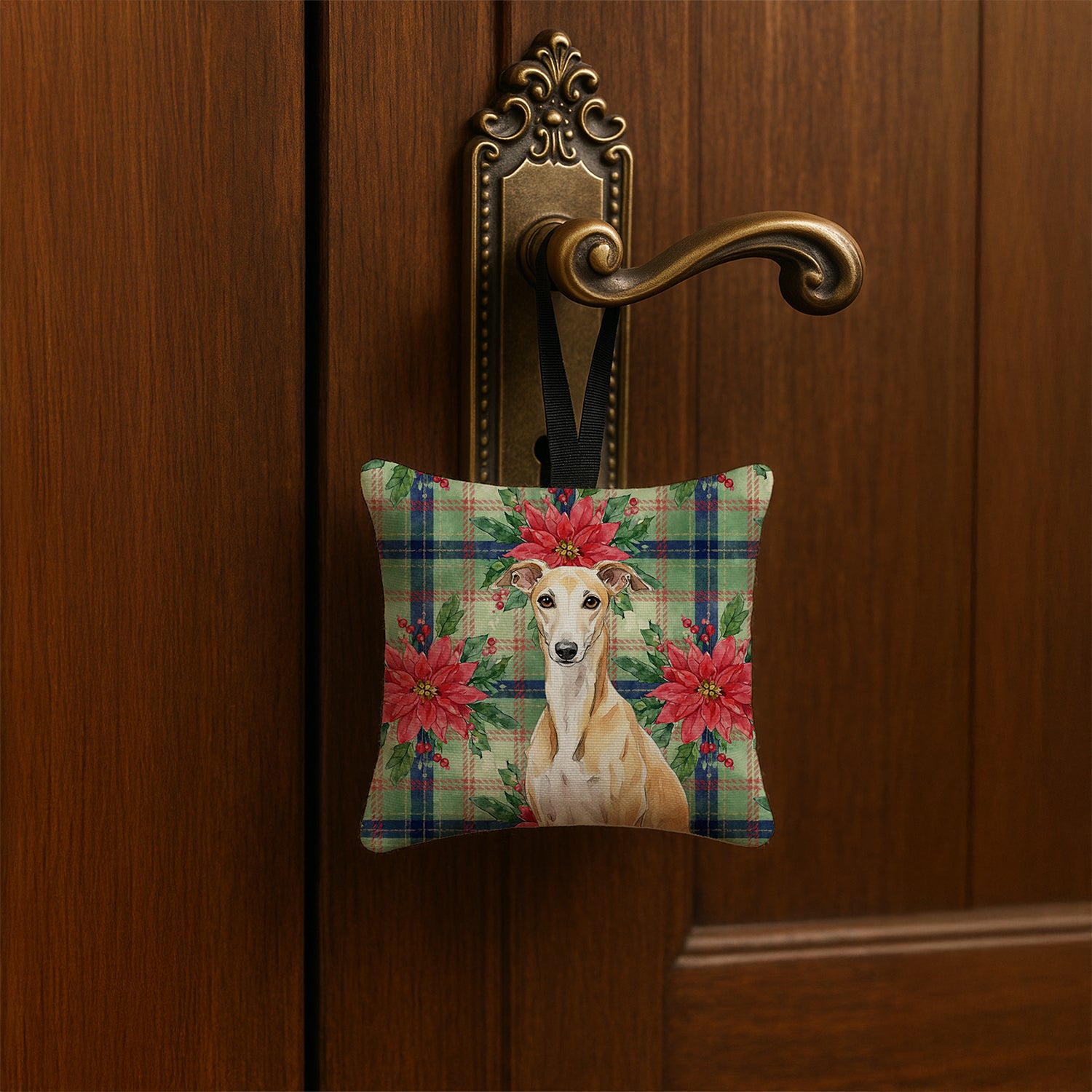 Caroline's Treasures Fawn Whippet Christmas PoinsettIas Hanging Square Fabric Ornament 3.5 x 3.5