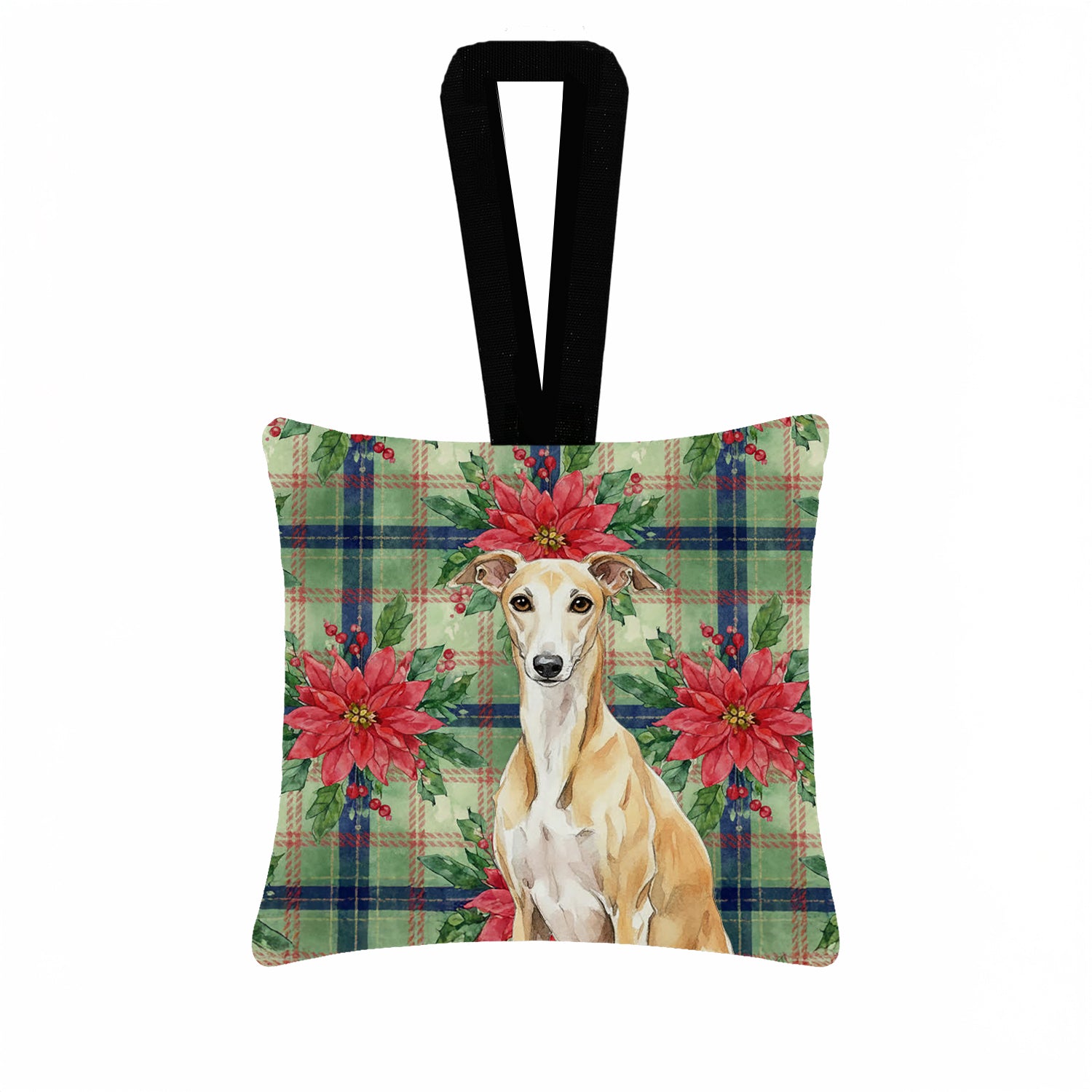 Caroline's Treasures Fawn Whippet Christmas PoinsettIas Hanging Square Fabric Ornament 3.5 x 3.5