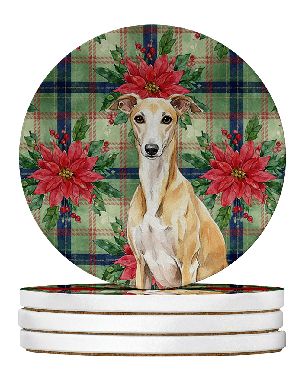 Caroline's Treasures Fawn Whippet Christmas PoinsettIas Large Sandstone Coasters Pack of 4