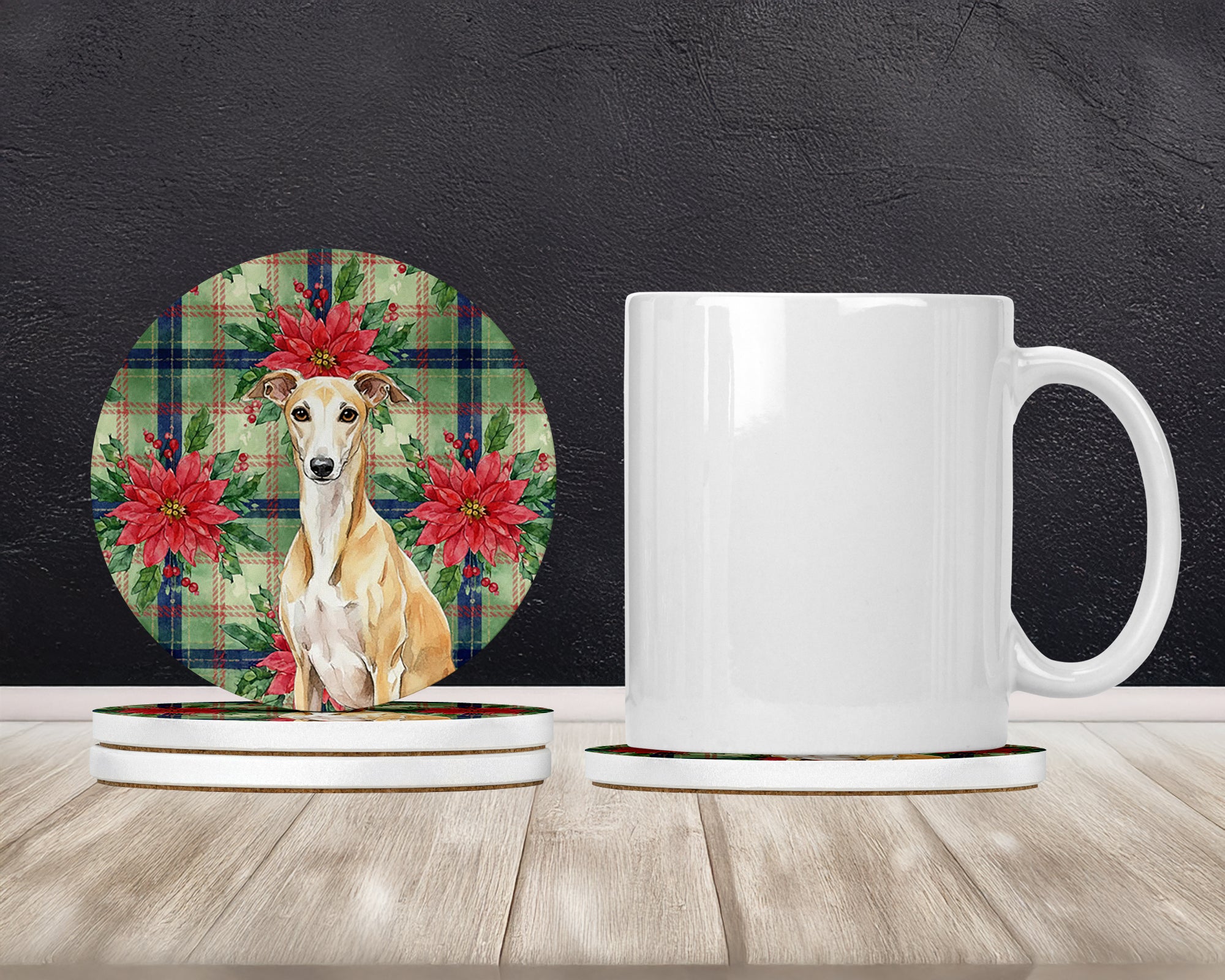 Caroline's Treasures Fawn Whippet Christmas PoinsettIas Large Sandstone Coasters Pack of 4