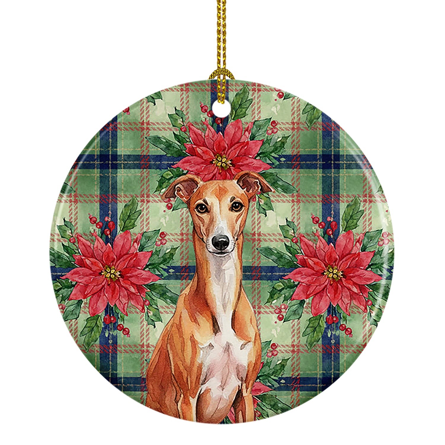 Caroline's Treasures Red Whippet Christmas PoinsettIas Ceramic Ornament