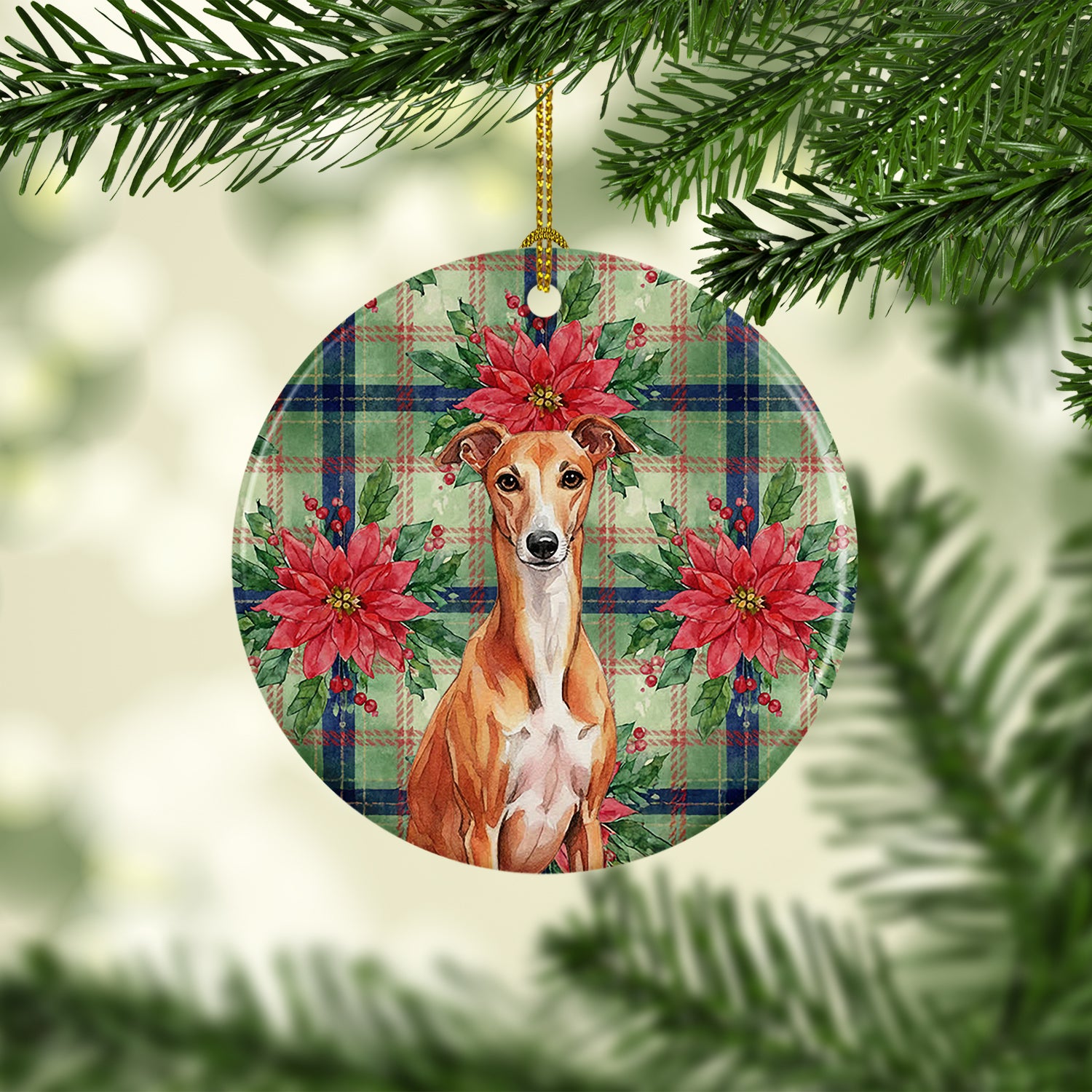 Caroline's Treasures Red Whippet Christmas PoinsettIas Ceramic Ornament
