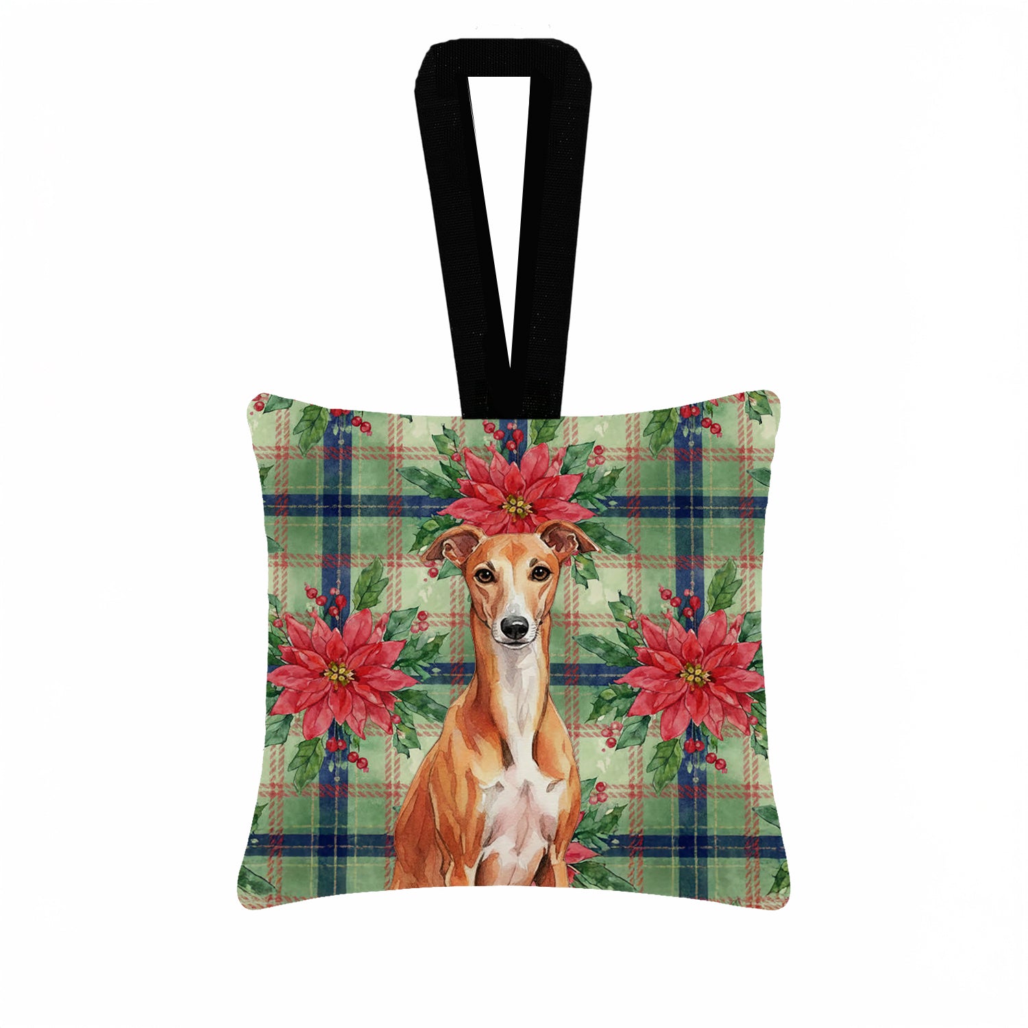 Caroline's Treasures Red Whippet Christmas PoinsettIas Hanging Square Fabric Ornament 3.5 x 3.5