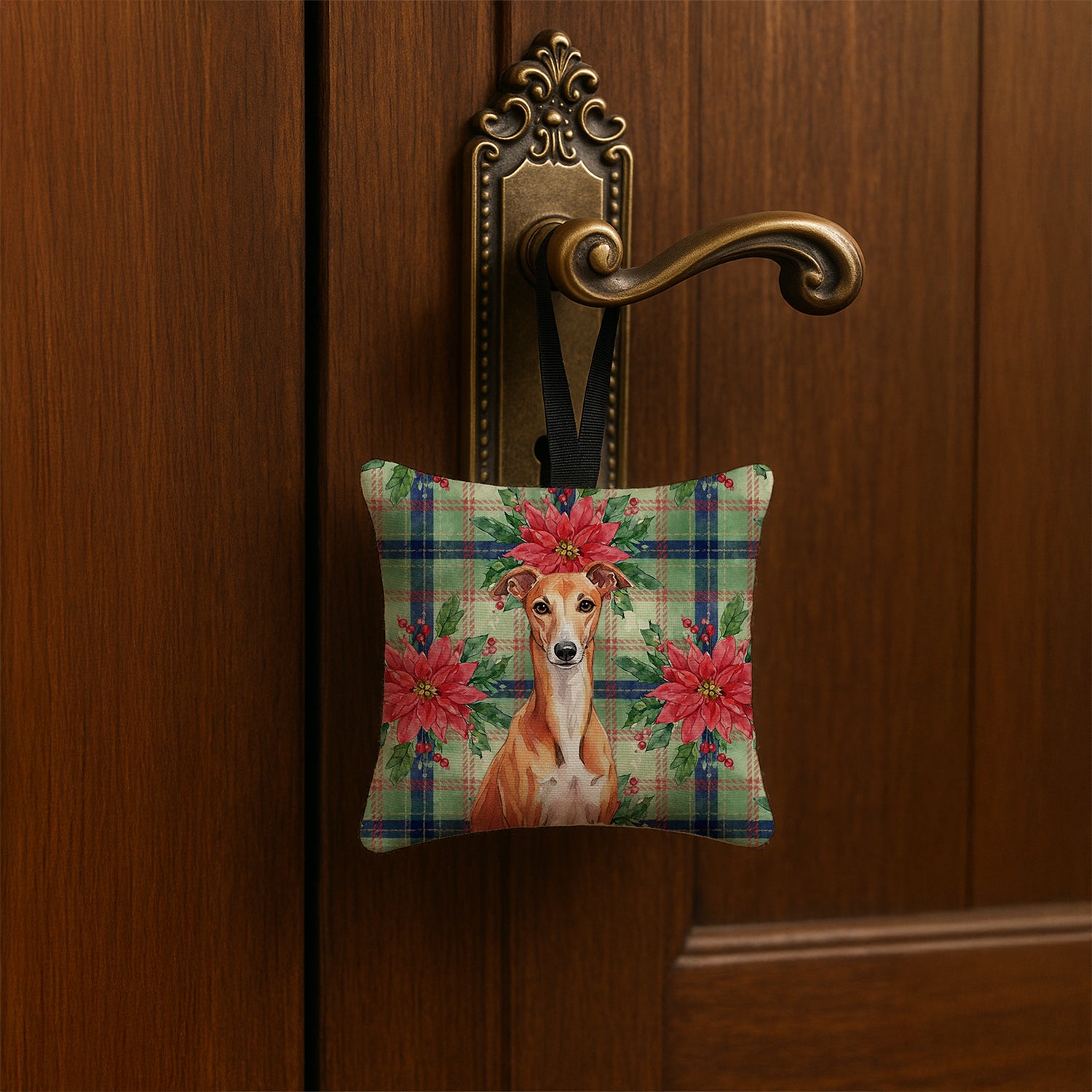 Caroline's Treasures Red Whippet Christmas PoinsettIas Hanging Square Fabric Ornament 3.5 x 3.5