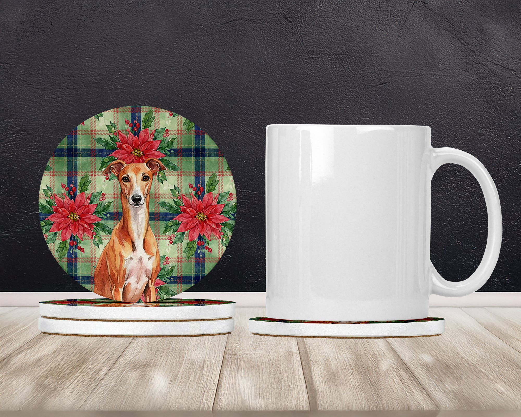 Caroline's Treasures Red Whippet Christmas PoinsettIas Large Sandstone Coasters Pack of 4