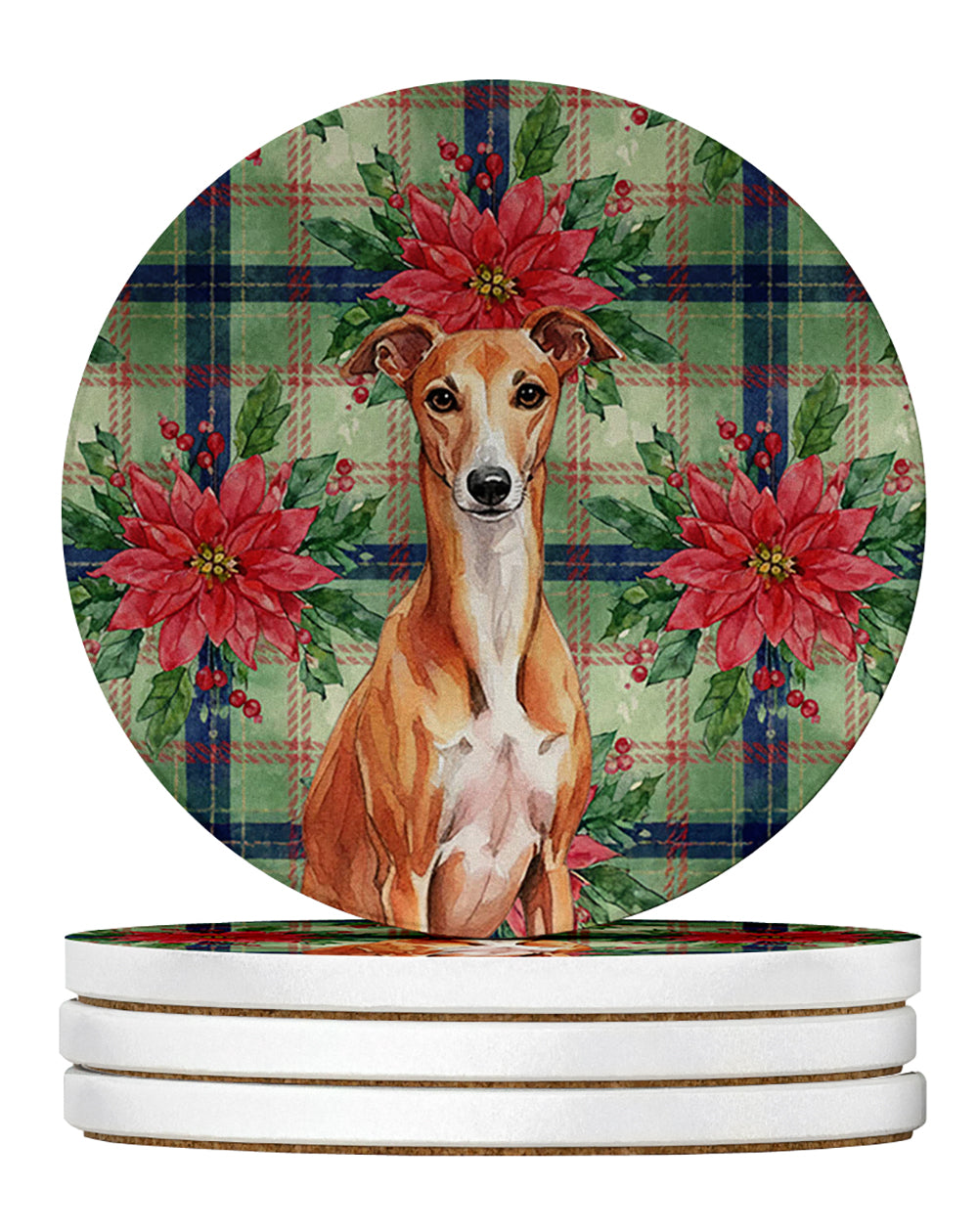 Caroline's Treasures Red Whippet Christmas PoinsettIas Large Sandstone Coasters Pack of 4